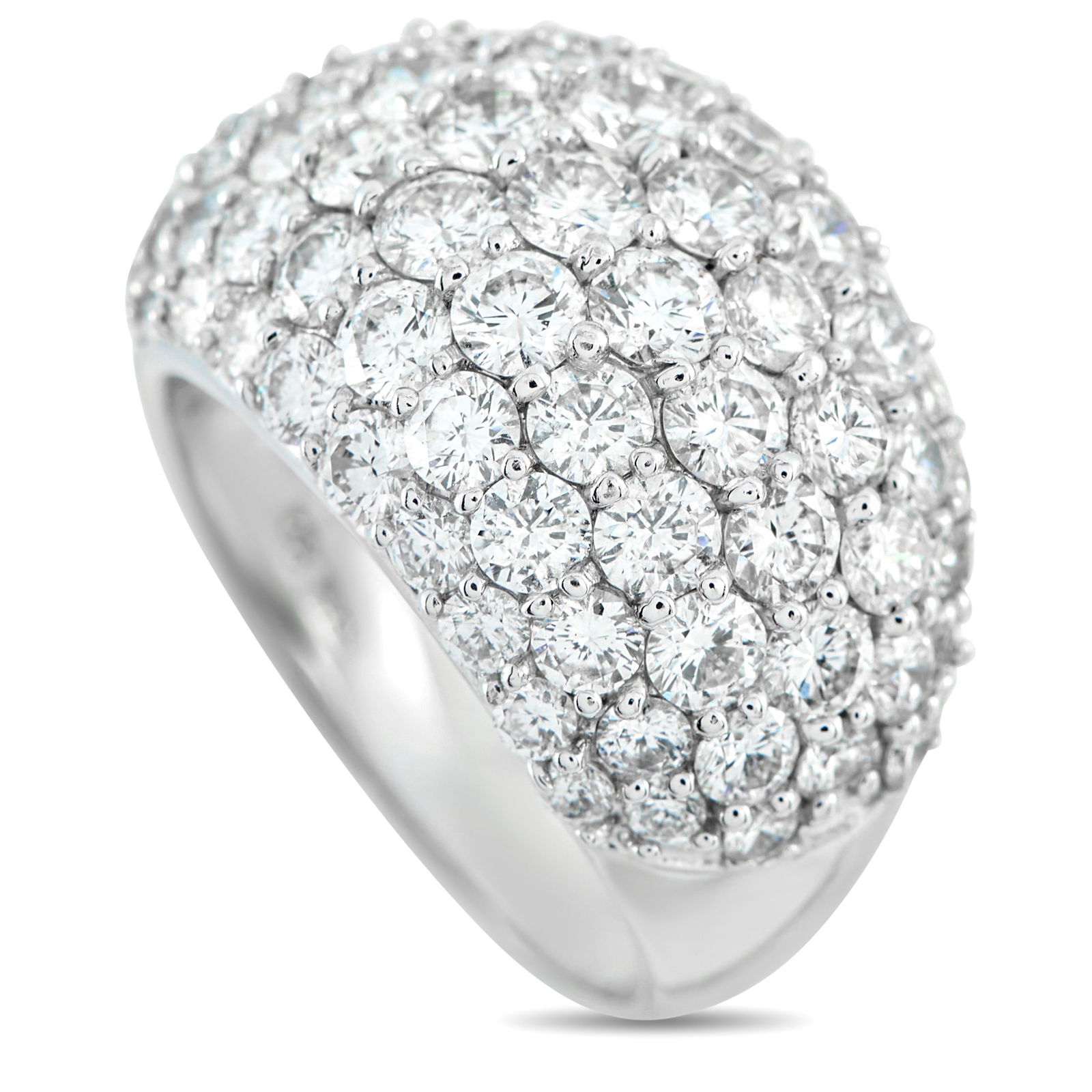 Exclusive 18K White Gold 4.0ct Diamond Pave Dome Ring: Bold yet easy to wear, this is the kind of ring that turns heads with calm confidence. It features a wide top fully covered in pavé diamonds. With a total of 4.0 carats, every angle flashes with cris