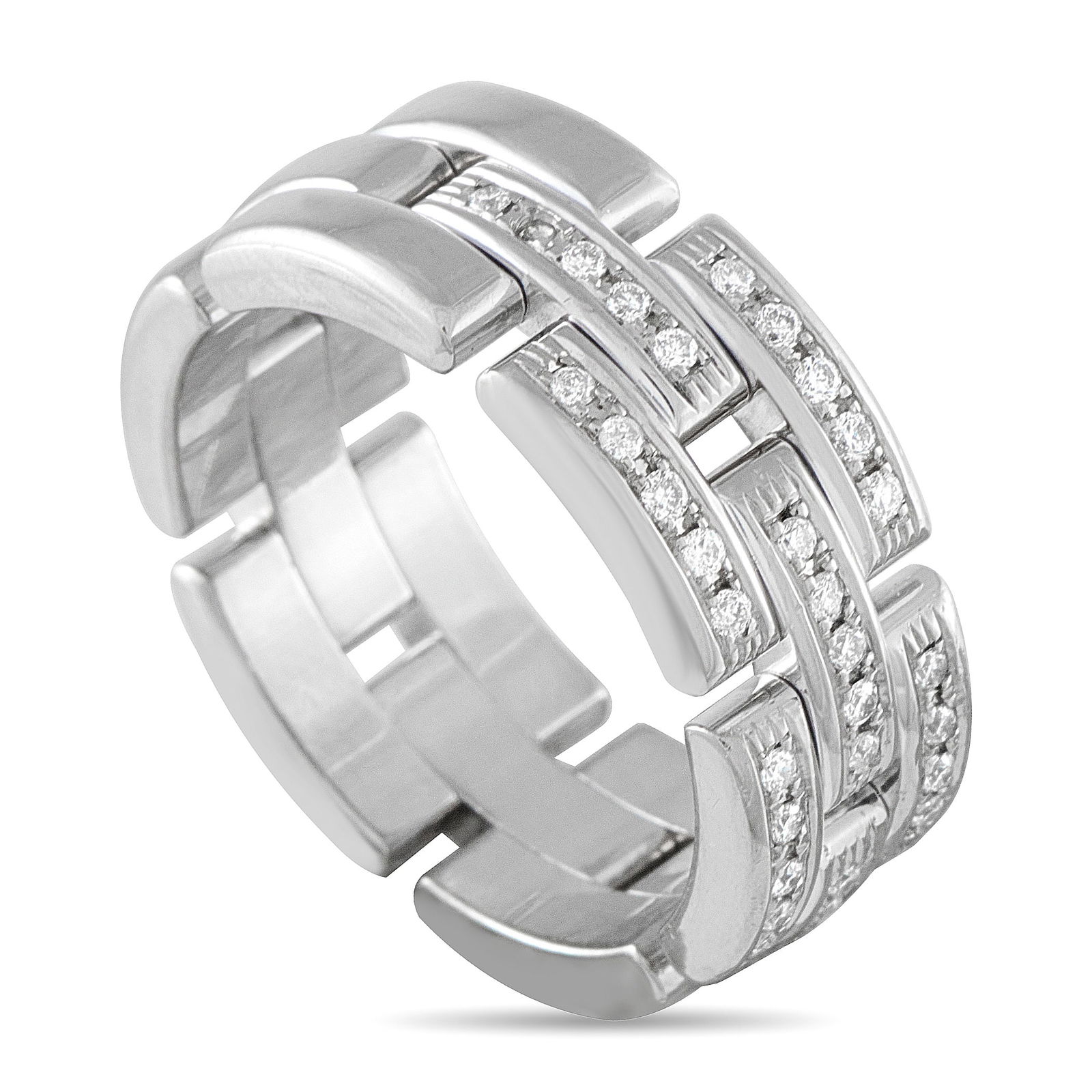 Cartier Maillon Panthere 18K White Gold Diamond Half-Pave Triple Row Ring: Fluid and elegant, the Cartier Maillon Panthère ring wraps the finger with a sleek brick-link design. Crafted in 18K white gold, it showcases a triple-row structure where half of the links are finely