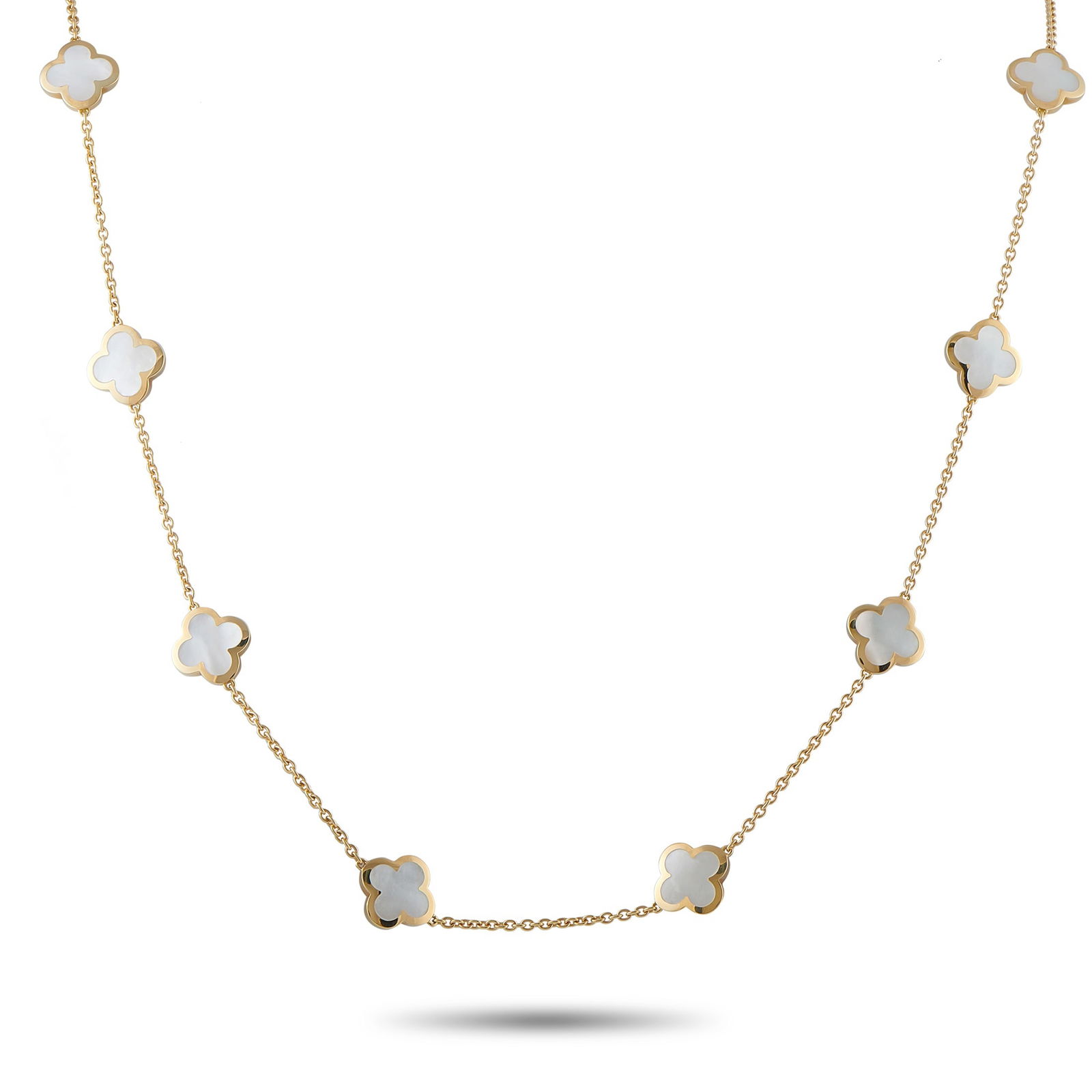 Van Cleef & Arpels Pure Alhambra 18K Yellow Gold Mother of Pearl 14-Motif Necklace: Clean lines and a classic sense of sophistication make this Van Cleef & Arpels Pure Alhambra necklace an elegant addition to any jewelry collection. The brand’s iconic clover shaped motifs in white