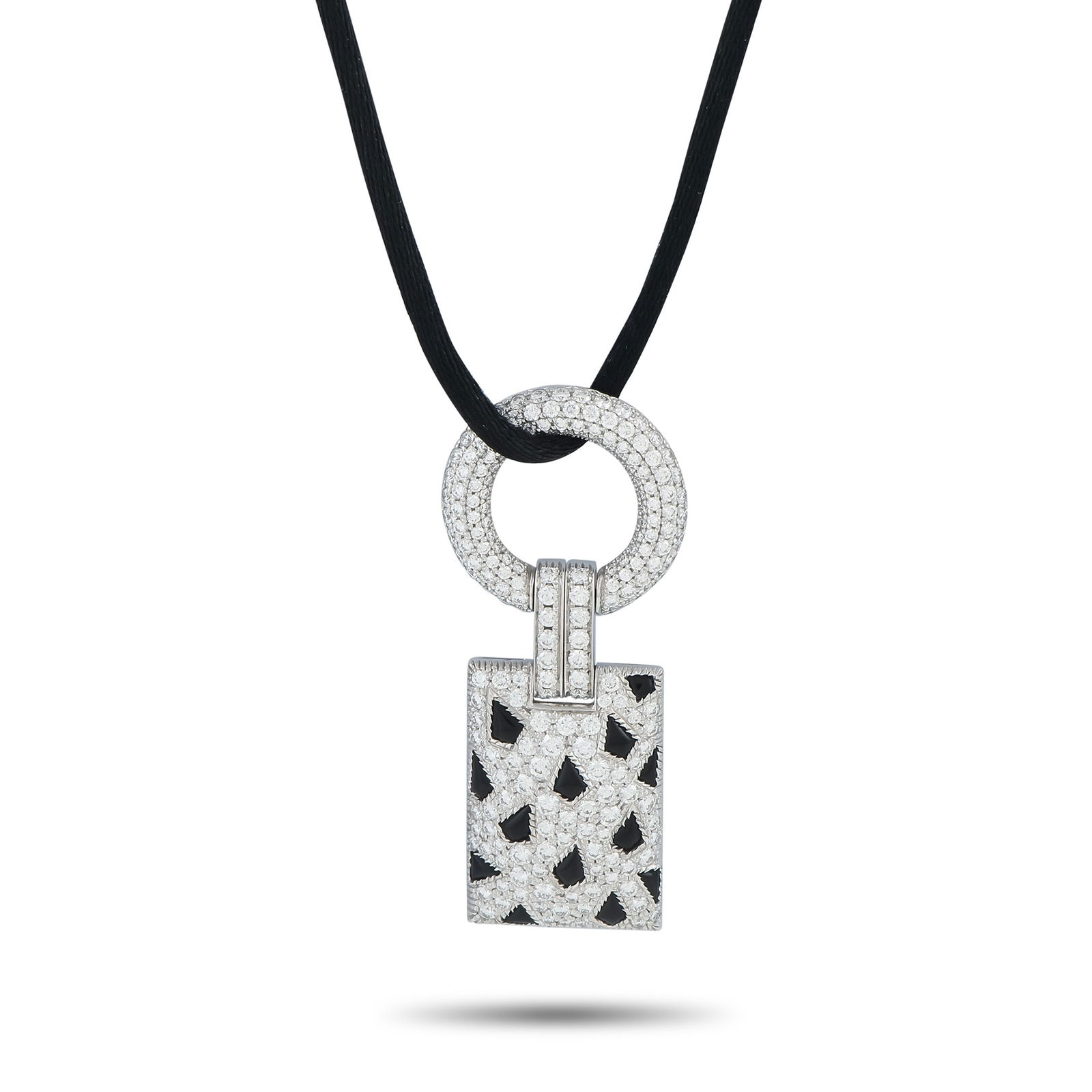 Cartier Panthere 18K White Gold 2.78ct Diamond and Onyx Pendant: Make a stylish statement with this Cartier Panthere necklace. On the 18K White Gold pendant, Diamonds with a total weight of 2.78 carats effortlessly catch the light. Onyx accents in a subtle feline p