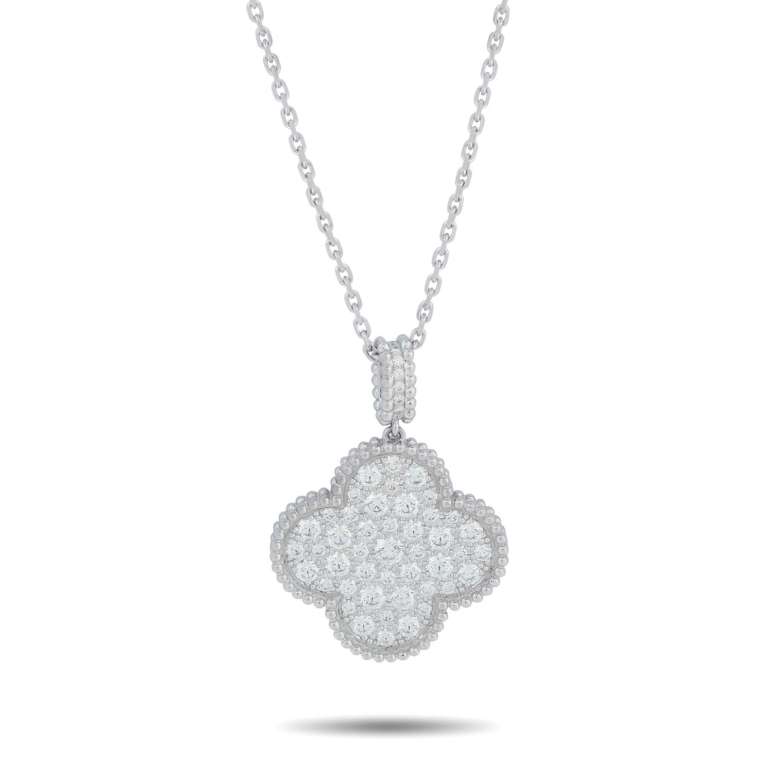 Van Cleef & Arpels Alhambra 18K White Gold 2.55 ct Diamond Necklace: Easy to wear, here is a white gold Alhambra necklace with a clean, balanced look. The bail is traced with diamonds and finished with rounded bead edges for added detail. Traditional beading defines th