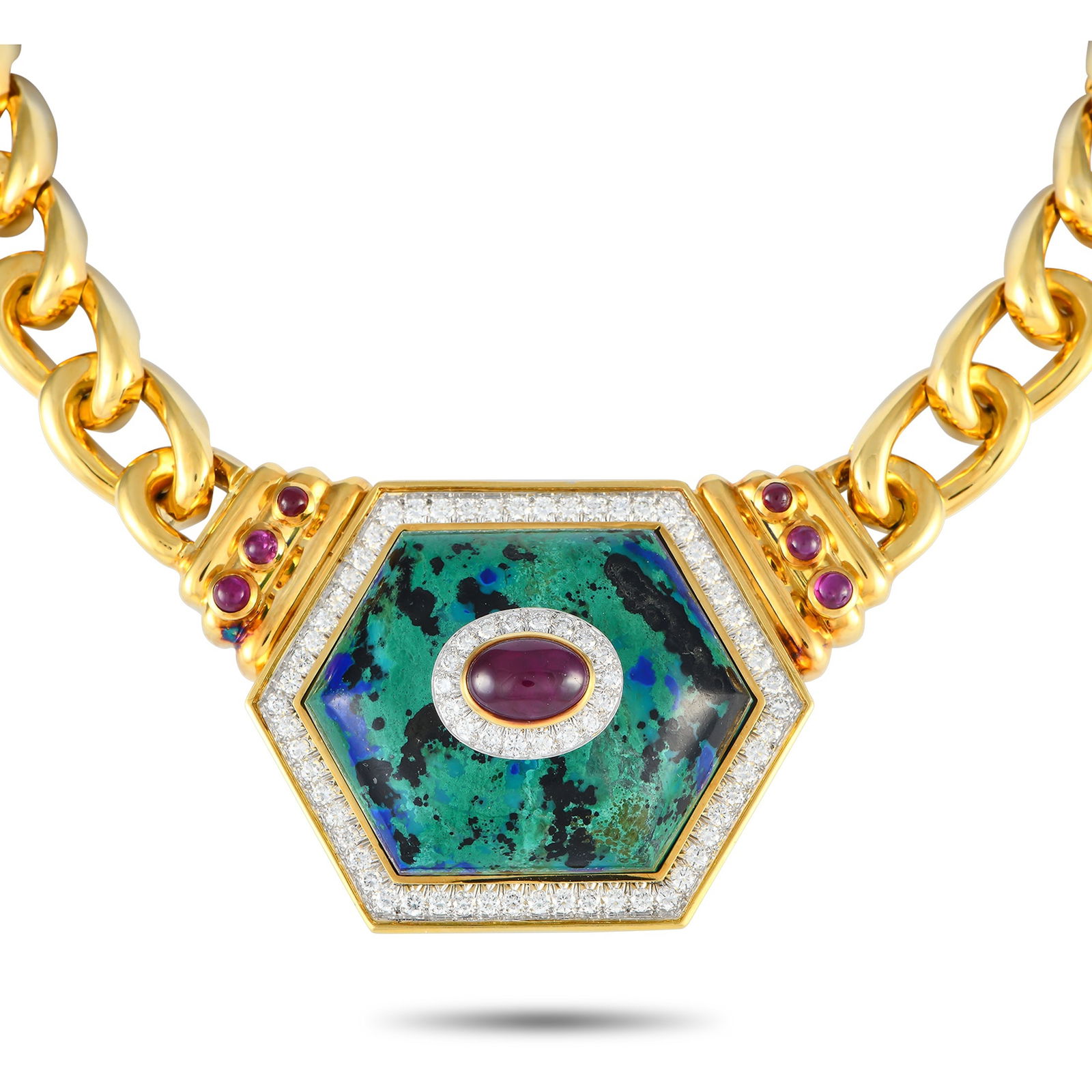 David Webb 18K Yellow Gold 2.0ct Diamond, Azurmalachite, and Ruby Statement Necklace: Showstopper. This David Webb statement necklace boasts an exceptionally eye-catching design. It features a chunky curb chain in solid yellow gold and an oversized hexagon pendant. The six-sided center