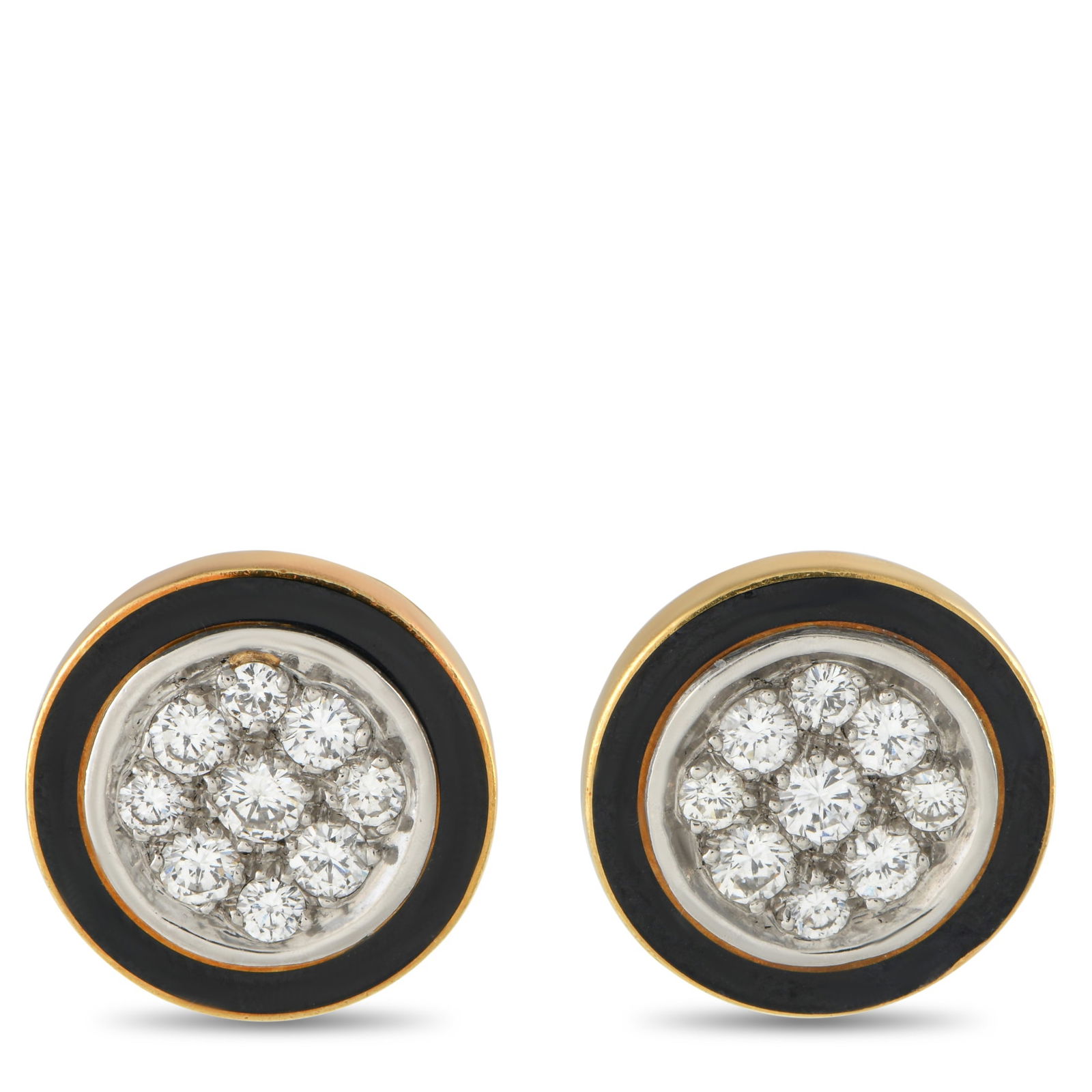 Exclusive 18K Yellow Gold 1.0ct Diamond and Enamel Earrings: A striking geometric design makes these earrings instantly eye-catching. At the center of the round 18K Yellow Gold setting, Diamonds totaling 1.0 carats effortlessly catch the light. Black enamel aro