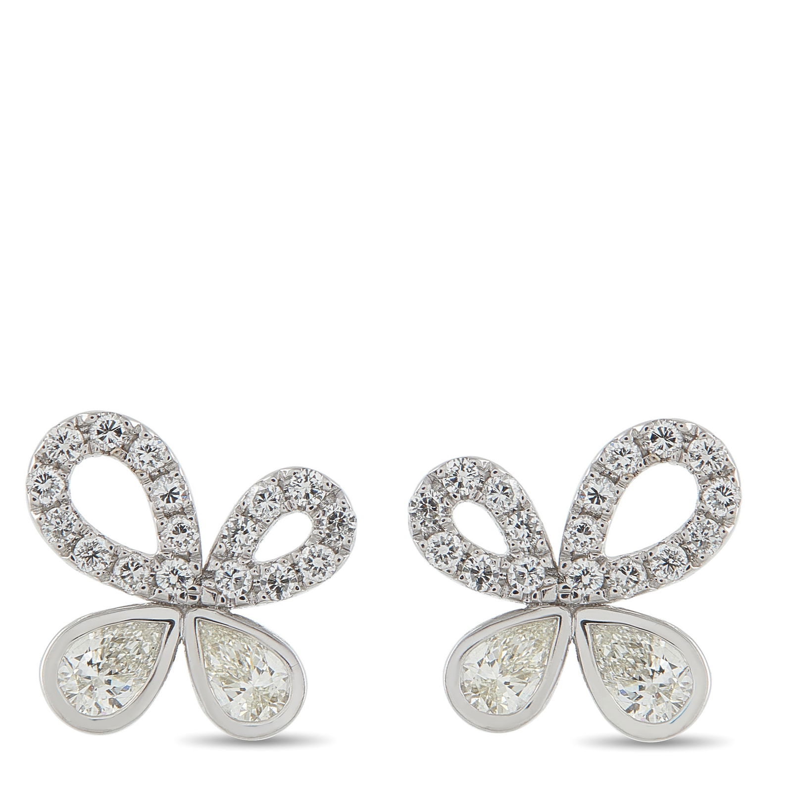 Exclusive 18K White Gold 1.85ct Diamond Asymmetrical Flower Earrings: A playfully imperfect bloom, these flower earrings emphasize the asymmetry as intentional and charming. The studs in 18K white gold shine with a total of 1.85 carats of diamonds. Each earring features