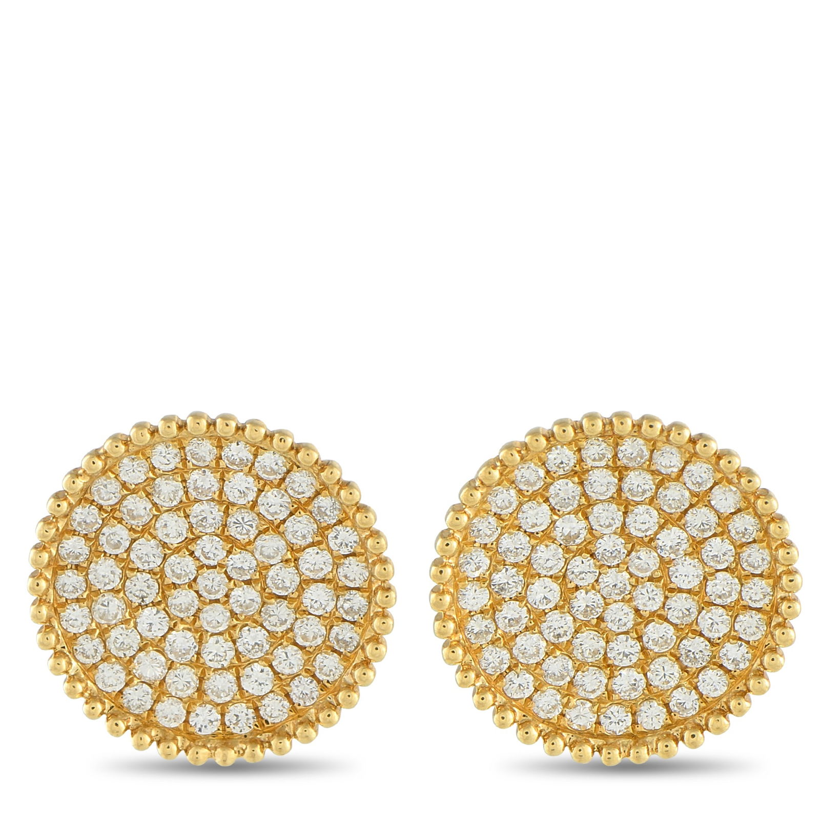 Exclusive 18K Yellow Gold 1.98ct Diamond Earrings: Inset Diamonds with a total weight of 1.98 carats allow these earrings to effortlessly catch the light. The stunning 18K Yellow Gold settings also include beadwork around the perimeter of the design f