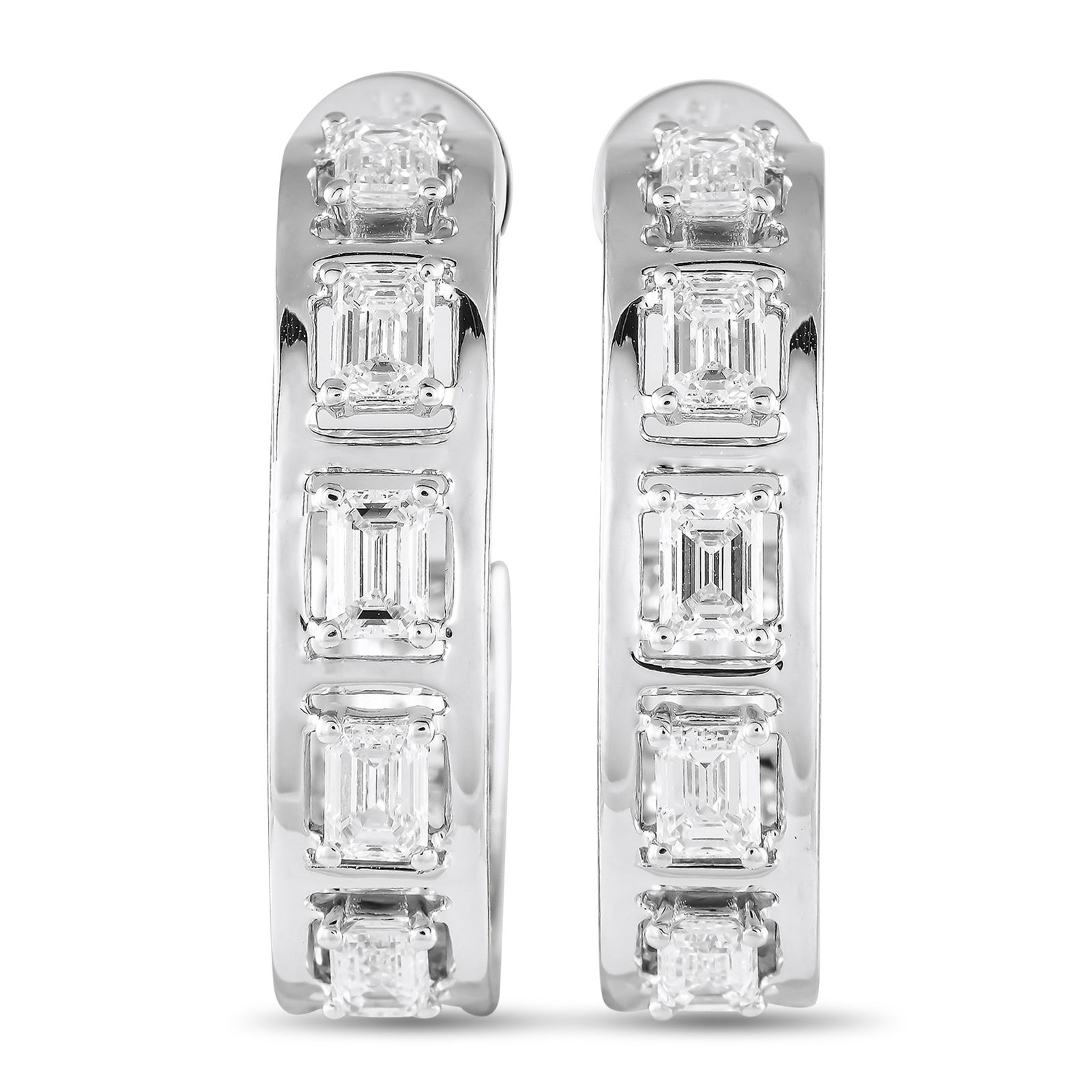 Exclusive 18K White Gold 2.55ct Diamond Emerald-Cut C-Hoop Earrings: Ready to deliver showy flashes of light, these C-hoop earrings will frame your face and enhance the elegance of your look. They’re cast in 18K white gold and set with emerald-cut diamonds that weigh