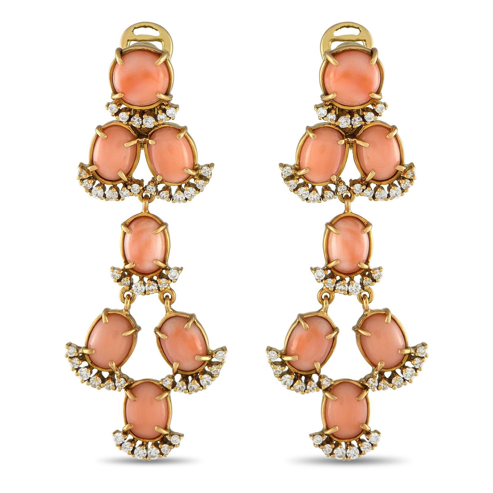 Laura Munder18K Yellow Gold 1.35ct Diamond and Coral Clip-On Dangle Earrings: These stylish Laura Munder earrings will add a playful pop of color to any ensemble. Coral stones are beautifully complemented by the 18K Yellow Gold setting. Diamond accents totaling 1.35 carats add
