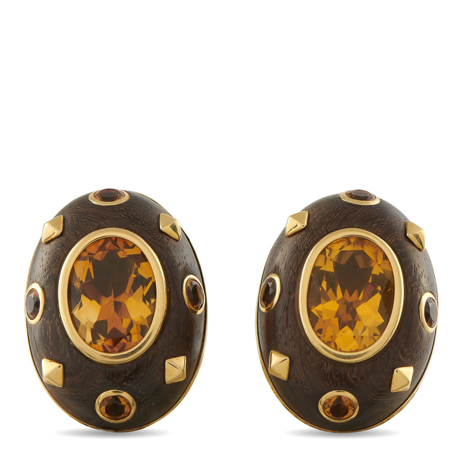 Exclusive 18K Yellow Gold Citrine and Trianon Wood Earrings: Contrasting textures and materials come together to create these captivating earrings. Citrine gemstones add warmth and sophistication to the overall design, while Trianon Wood imparts a unique, earth