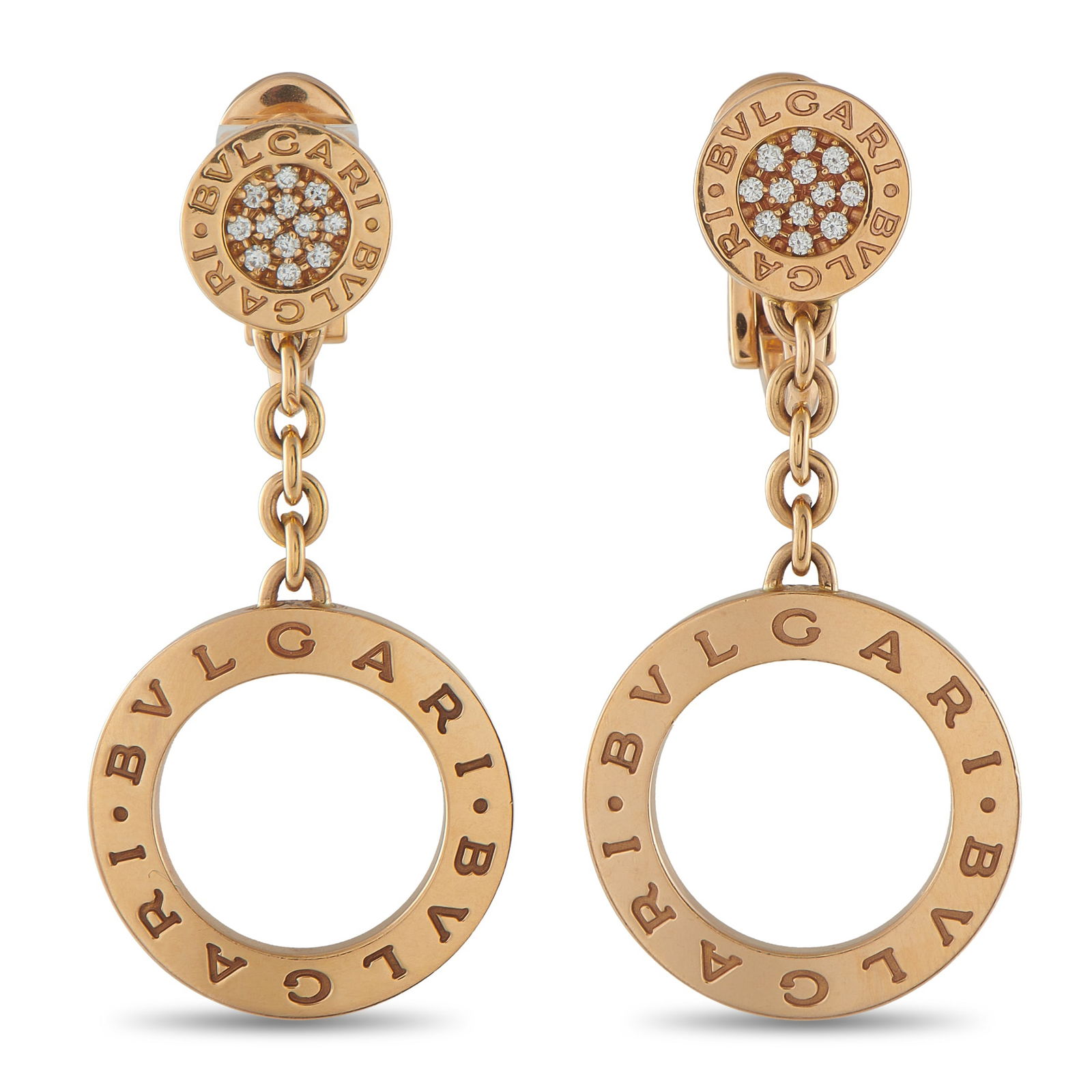 Bvlgari 18K Rose Gold Diamond Drop Earrings: Graphic. Iconic. Unmistakable. Crafted in rose gold, these drop earrings present a layered composition of form and movement. A flat disc with a diamond-studded center sits at the base, offering a cont