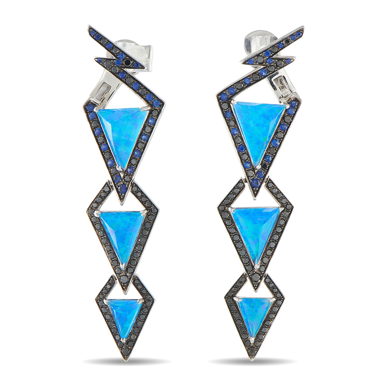 Stephen WebsterLady Stardust 18K White Gold Diamond, Opal, and Sapphire Earrings: Inspired by David Bowie’s Ziggy Stardust – and his signature lightning bolt – these Stephen Webster Lady Stardust earrings are just as attention-grabbing as the iconic music legend. The bold des