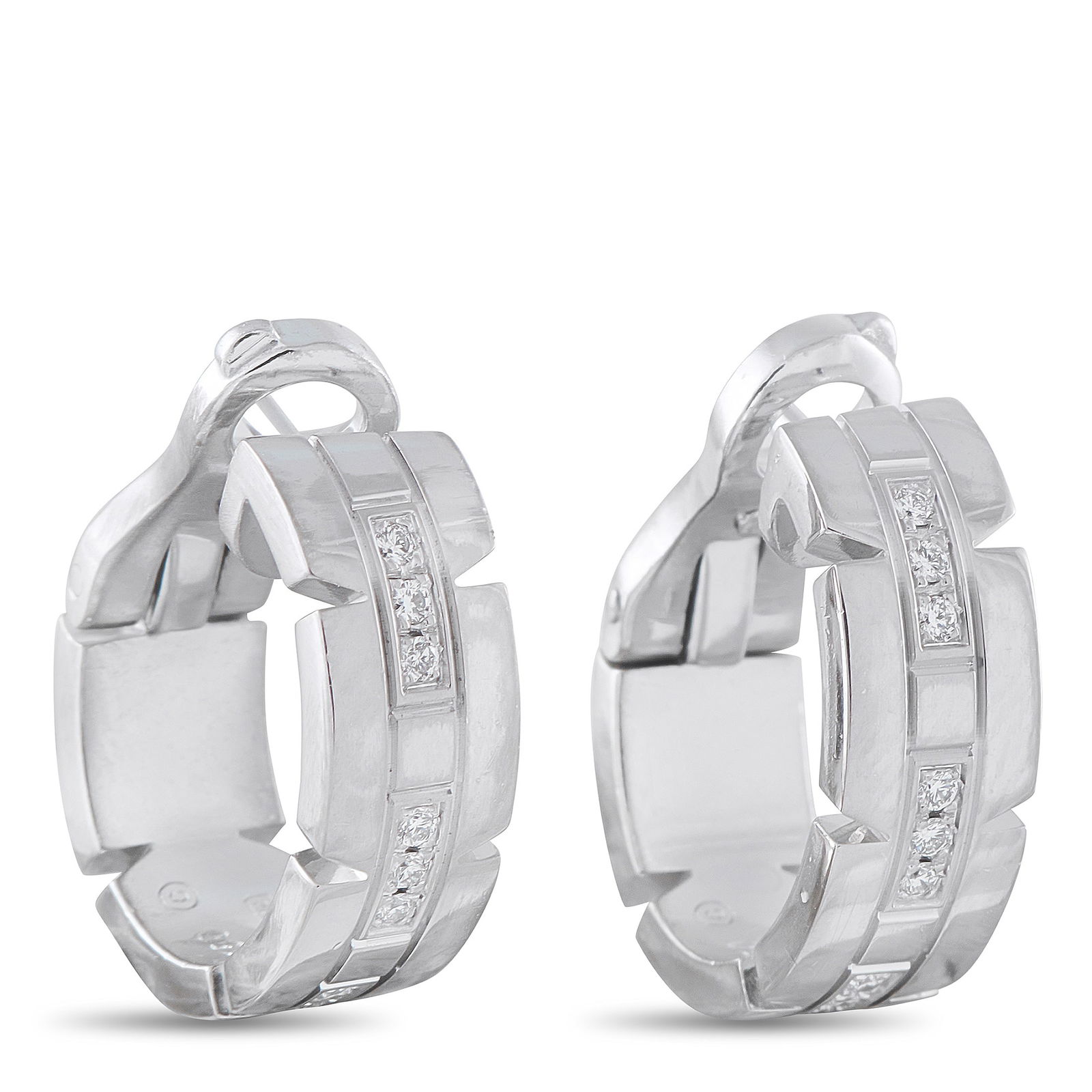 CartierTank Francaise 18K White Gold Diamond Earrings: These Cartier Tank Francaise hinged hoop earrings feature a sleek, contemporary sense of style. Crafted from 18K White Gold, inset Diamonds elevate the simple settings. Each earring measures 0.75&rdqu
