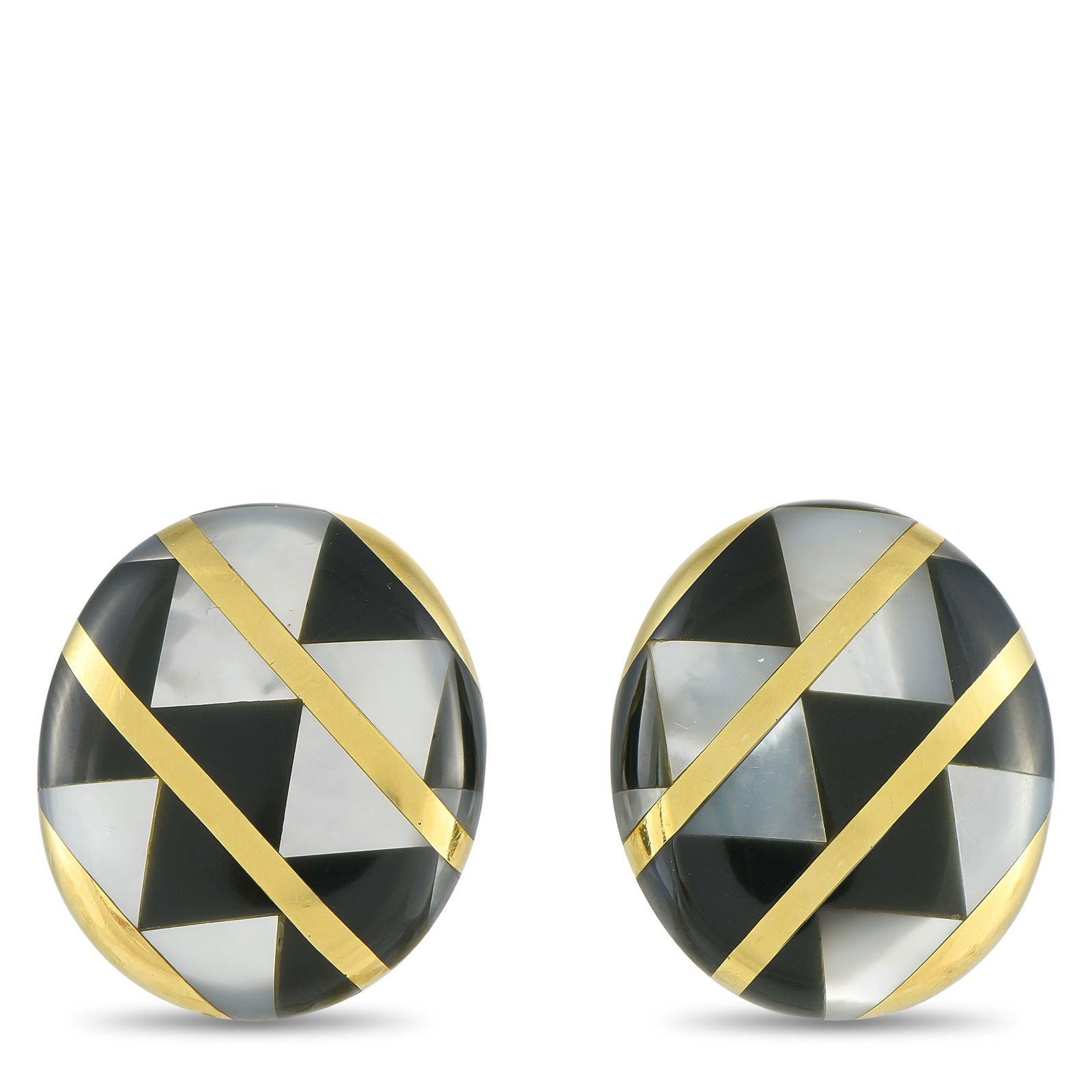 Tiffany & Co. 18K Yellow Gold Onyx and Mother of Pearl Clip-On Earrings: A modern, geometric design makes these Tiffany & Co. earrings impossible to ignore. Onyx and Mother of Pearl contrast beautifully in a chevron pattern, while 18K Yellow Gold accents provide the perfec
