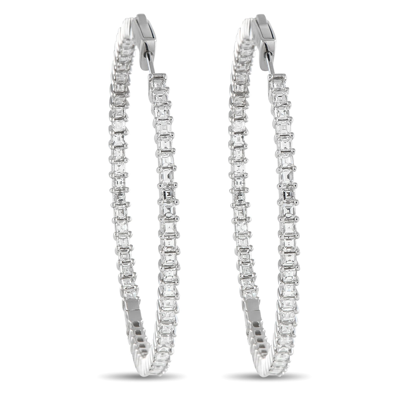 Exclusive 18K White Gold 4.40ct Diamond Inside-Out Hoop Earrings: In classic in-and-out design, these slim diamond hoops feature diamonds set along their front and inside edges. They sparkle from every angle, catching the light both face-on and in profile. Their min