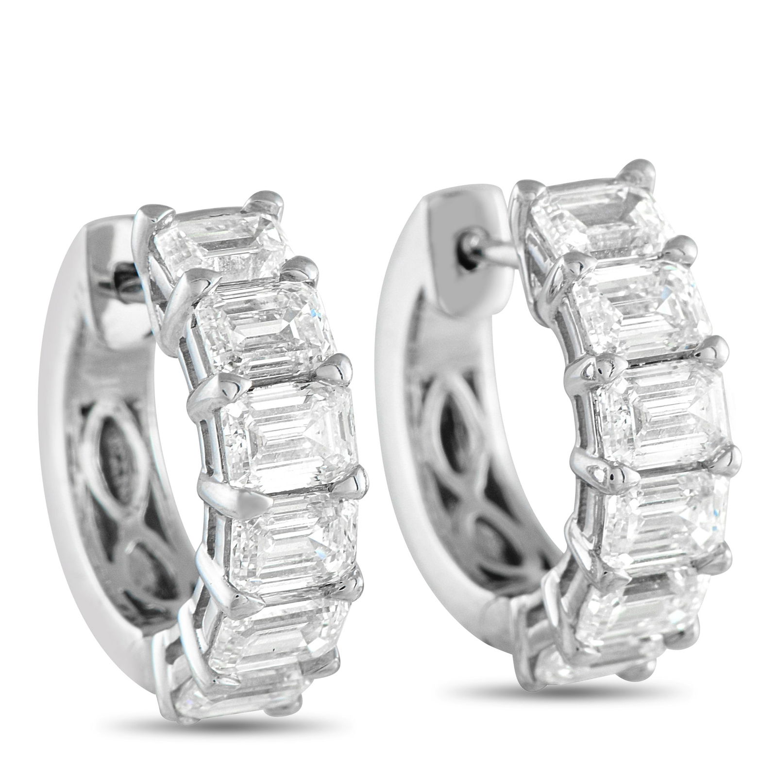 Exclusive 18K White Gold 3.85ct Diamond Huggie Hoop Earrings: Step-cut Diamonds with a total weight of 3.85 carats make these earrings shine brightly every time they catch the light. Simple and sophisticated, the understated 18K White Gold setting makes them an