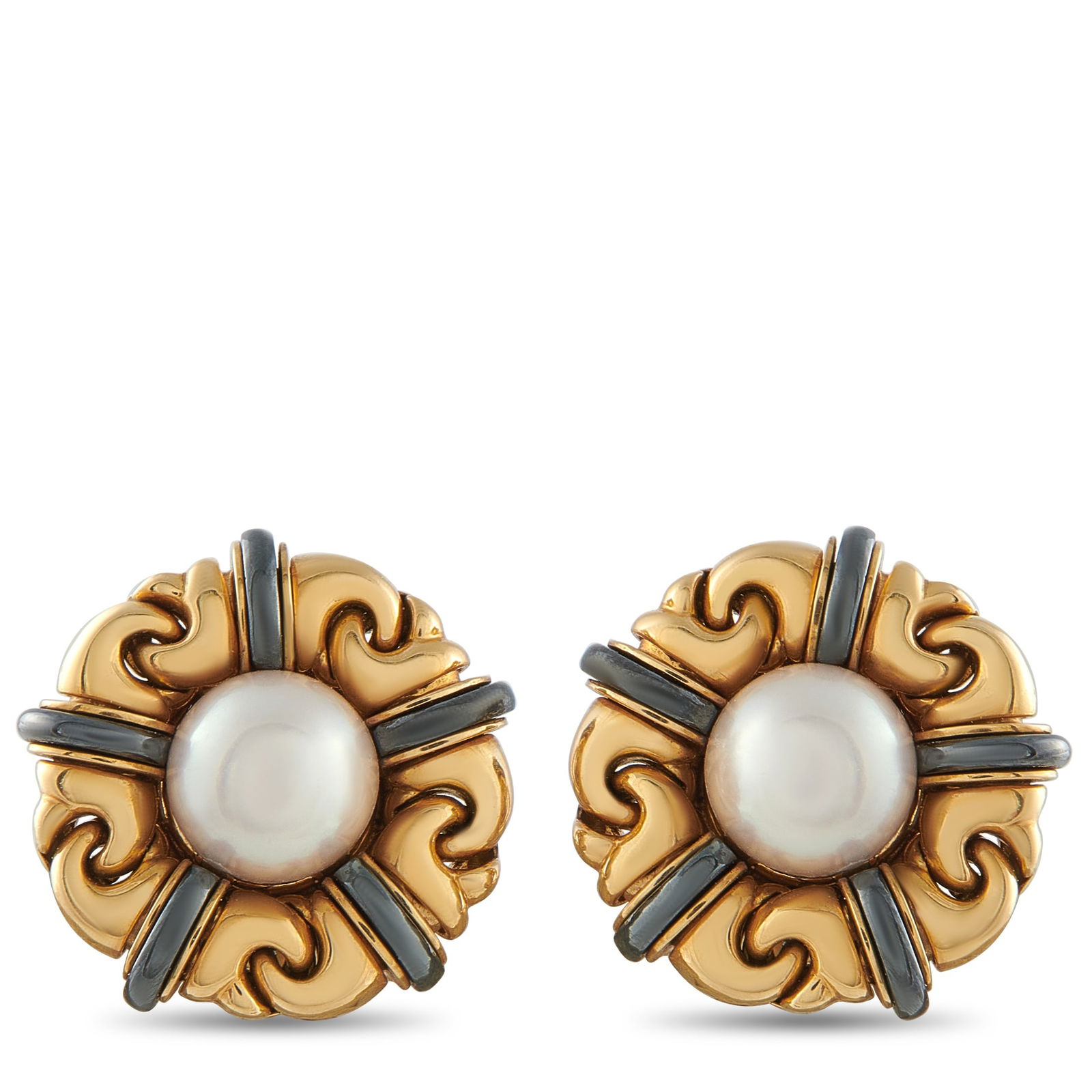 BvlgariVintage 18K Yellow Gold Pearl Clip-On Earrings: These Bvlgari vintage earrings feature an elegant design that will complement any ensemble. Lustrous Pearls sit at the center of each earring – surrounded by an opulent, circular 18K Yellow Gold set