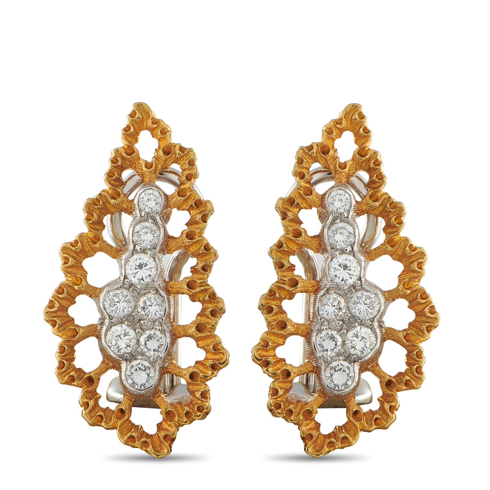 Buccellati18K Yellow Gold 0.60ct Diamond Clip-On Earrings: Organic forms make these Buccellati earrings instantly captivating. Textured 18k Yellow Gold adds depth and dimension to the overall design, while inset Diamonds with a total weight of 0.60 carats pro