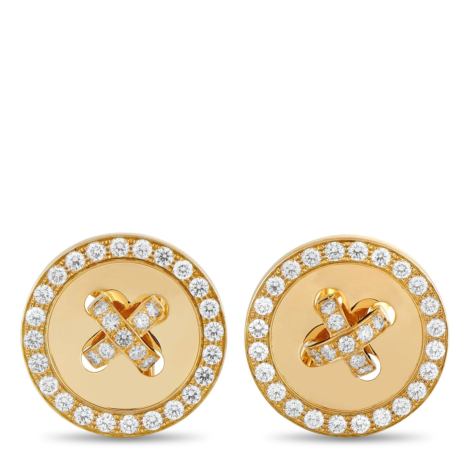 Van Cleef & Arpels 18K Yellow Gold 2.25ct Diamond Boutonnière Earrings: These Van Cleef & Arpels Boutonnière earrings feature an elegant, understated design that is ideal for everyday wear. Crafted from 18K Yellow Gold, the circular settings come complete with Diamonds t