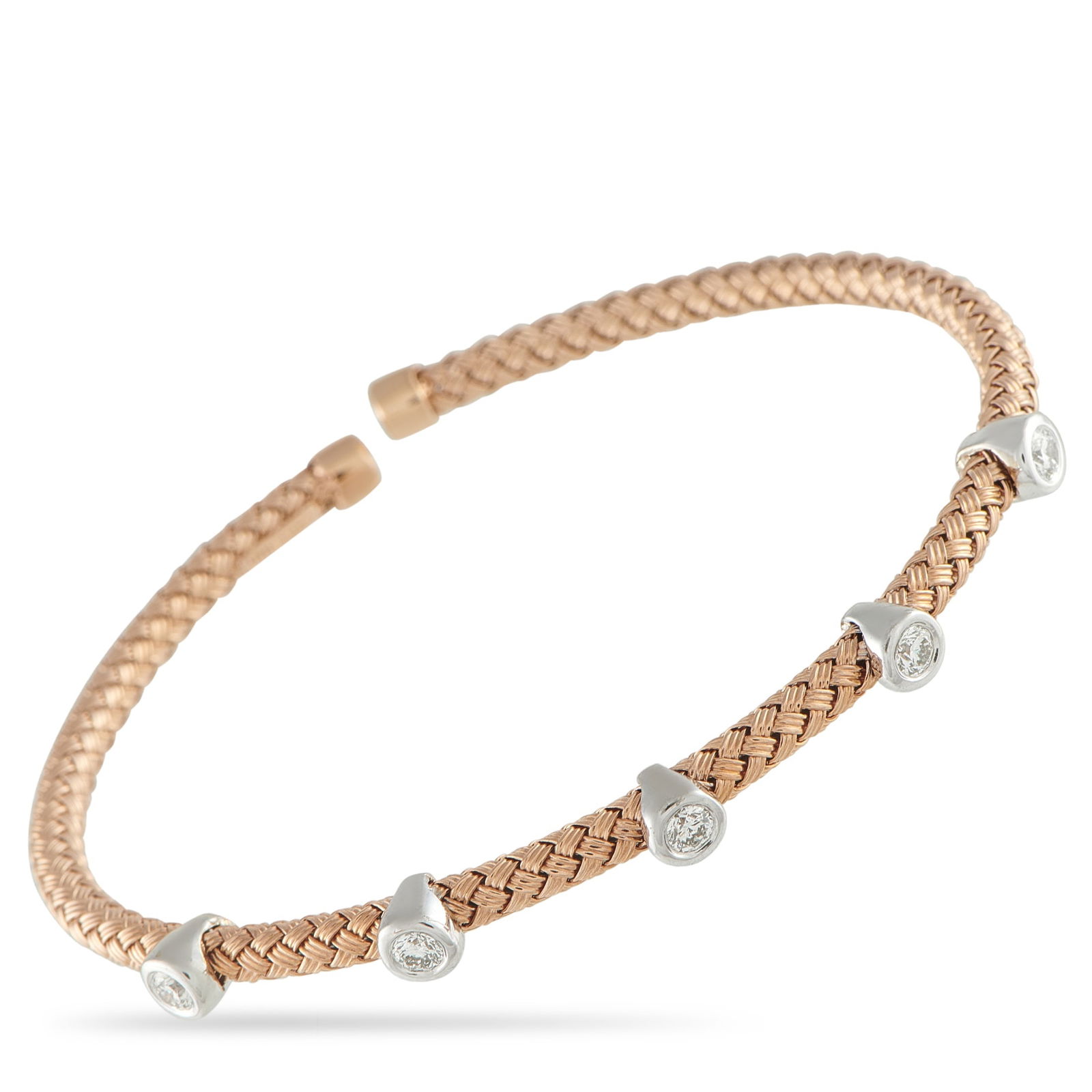 Exclusive 14K Rose and White Gold 0.54ct Diamond Woven Bangle: Contrast done with intention. In this Exclusive piece, rose gold is paired with white gold for a warm yet modern style. The open bangle showcases a softly woven design, giving the piece a textured glo