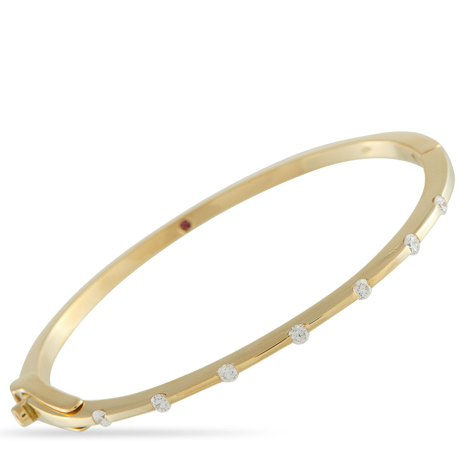 Roberto Coin 18K Yellow Gold 0.35ct Diamond Disc Bracelet: Shaped with the grace of Italian artistry, this Roberto Coin bangle bracelet is crafted in 18K yellow gold with a sleek silhouette that tapers to a flat, almost disc-like profile. Along the thin, flat