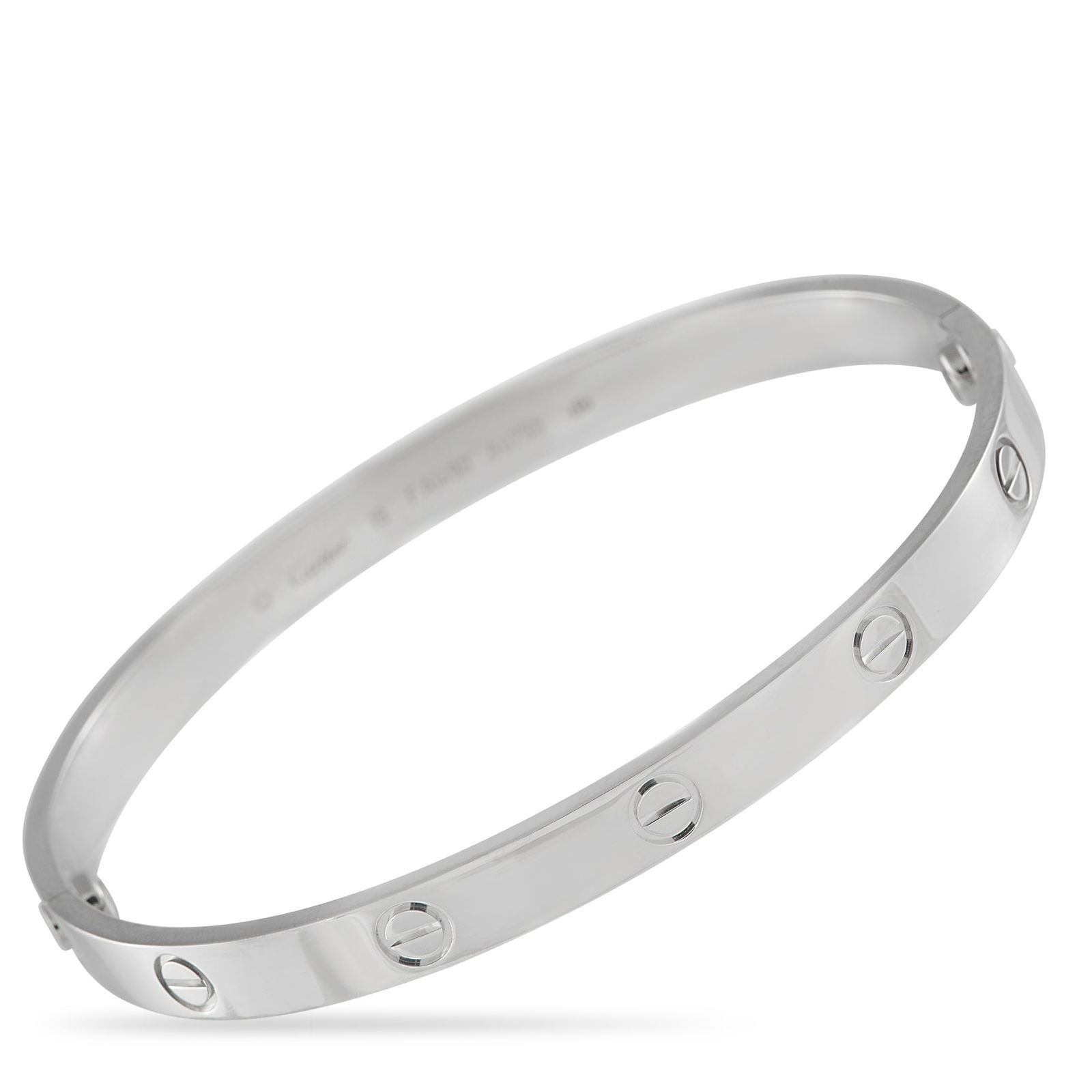 Cartier LOVE 18K White Gold Bracelet: This Cartier LOVE bracelet is chic, sophisticated, and instantly recognizable. Ideal for adding a touch of luxury to any ensemble, the sleek 18K White Gold bangle includes the collection’s iconic ci