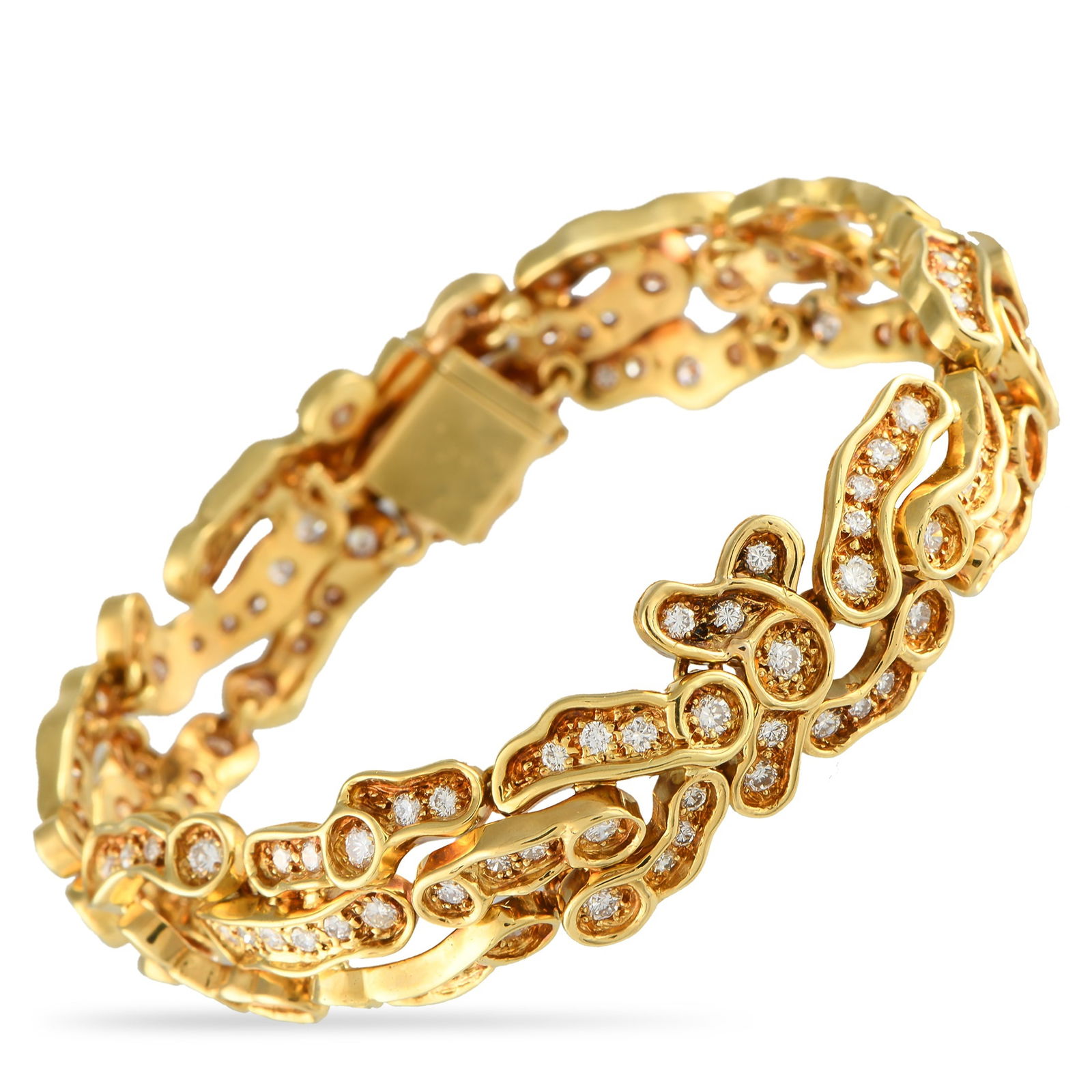 Exclusive 18K Yellow Gold 7.15ct Diamond Bracelet: A uniquely elegant 18K Yellow Gold setting makes this French bracelet unlike anything you’ve seen before. The dynamic design makes it breathtaking from any angle, while inset Diamonds with a total w