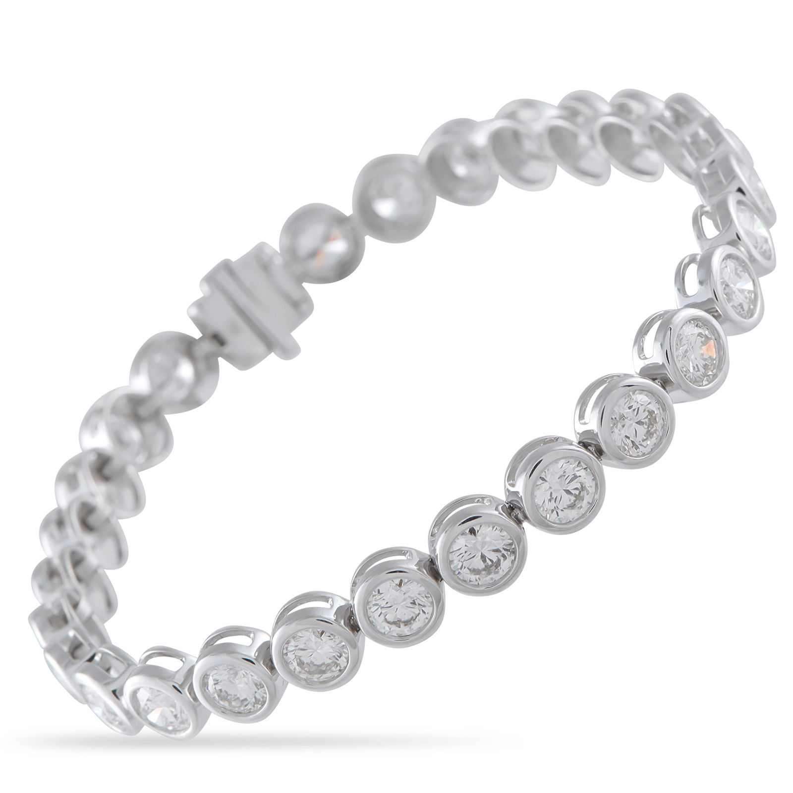 Exclusive 18K White Gold 9.0ct Diamond Bracelet: A series of bezel-set Diamonds totaling 9.0 carats make this luxury bracelet incredibly elegant. Crafted from 18K White Gold, a chic, contemporary in design makes it a stunning addition to any ensembl