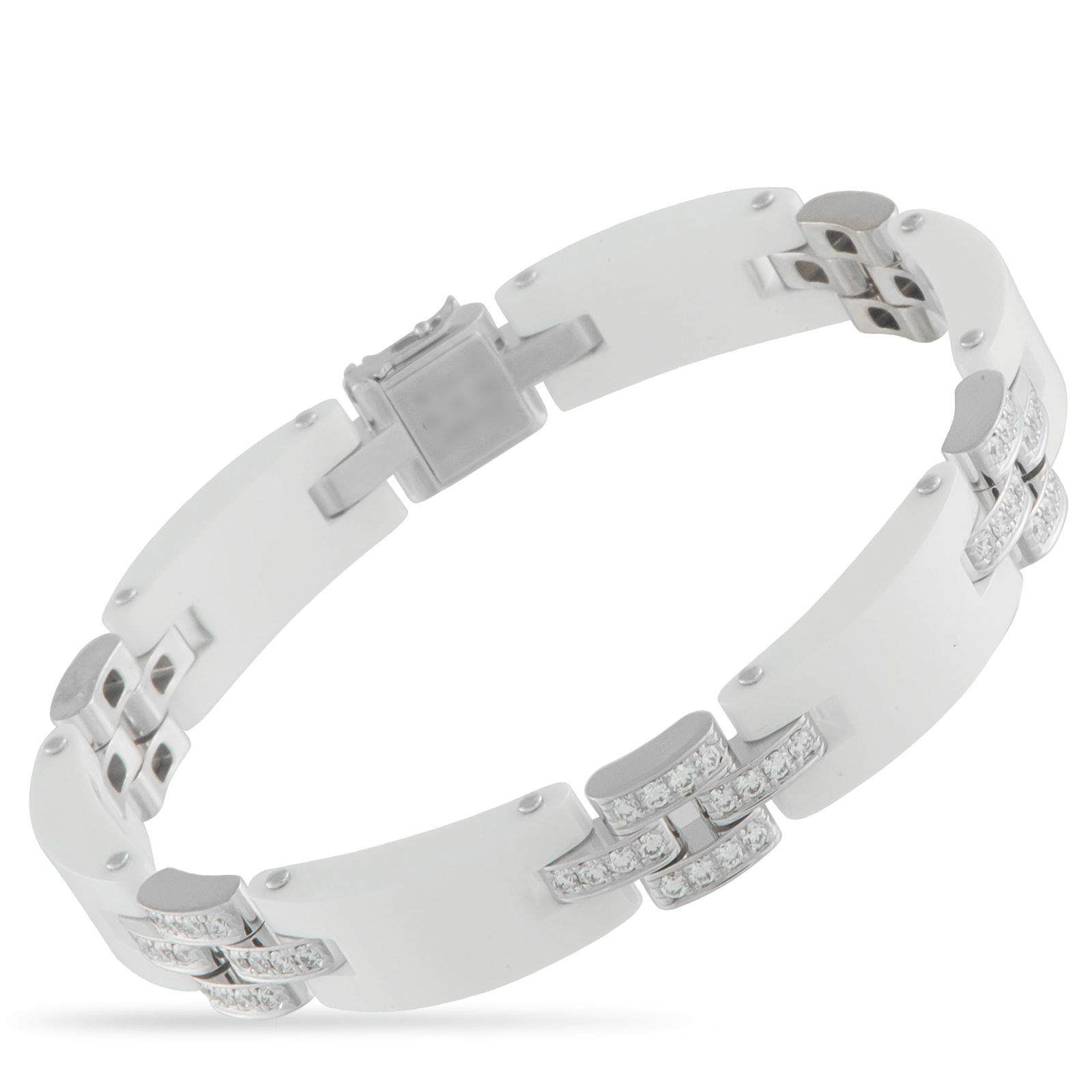 Cartier Maillon Panthere 18K White Gold Diamond and Ceramic Bracelet: This Cartier bracelet offers a fresh, sophisticated point of view. On this elegant accessory, 18K White Gold links are juxtaposed with white Ceramic accents. Sparkling Diamonds provide the perfect fin