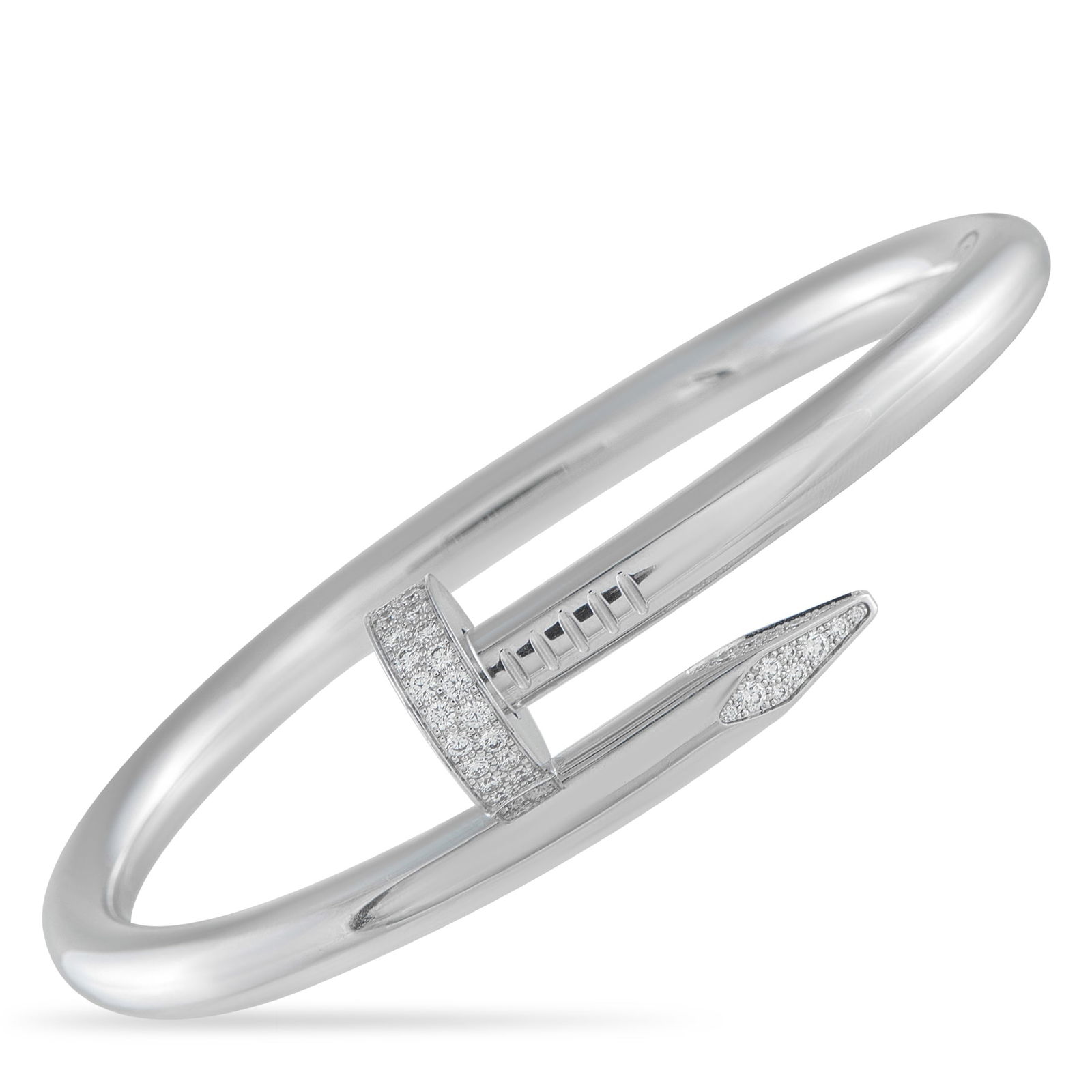 CartierJuste Un Clou 18K White Gold Diamond Bracelet: This Cartier Juste Un Clou bracelet proves that beauty can be found in even the most ordinary forms. The iconic nail-shaped design wraps around the wrist, elevated by inset Diamond accents at each end