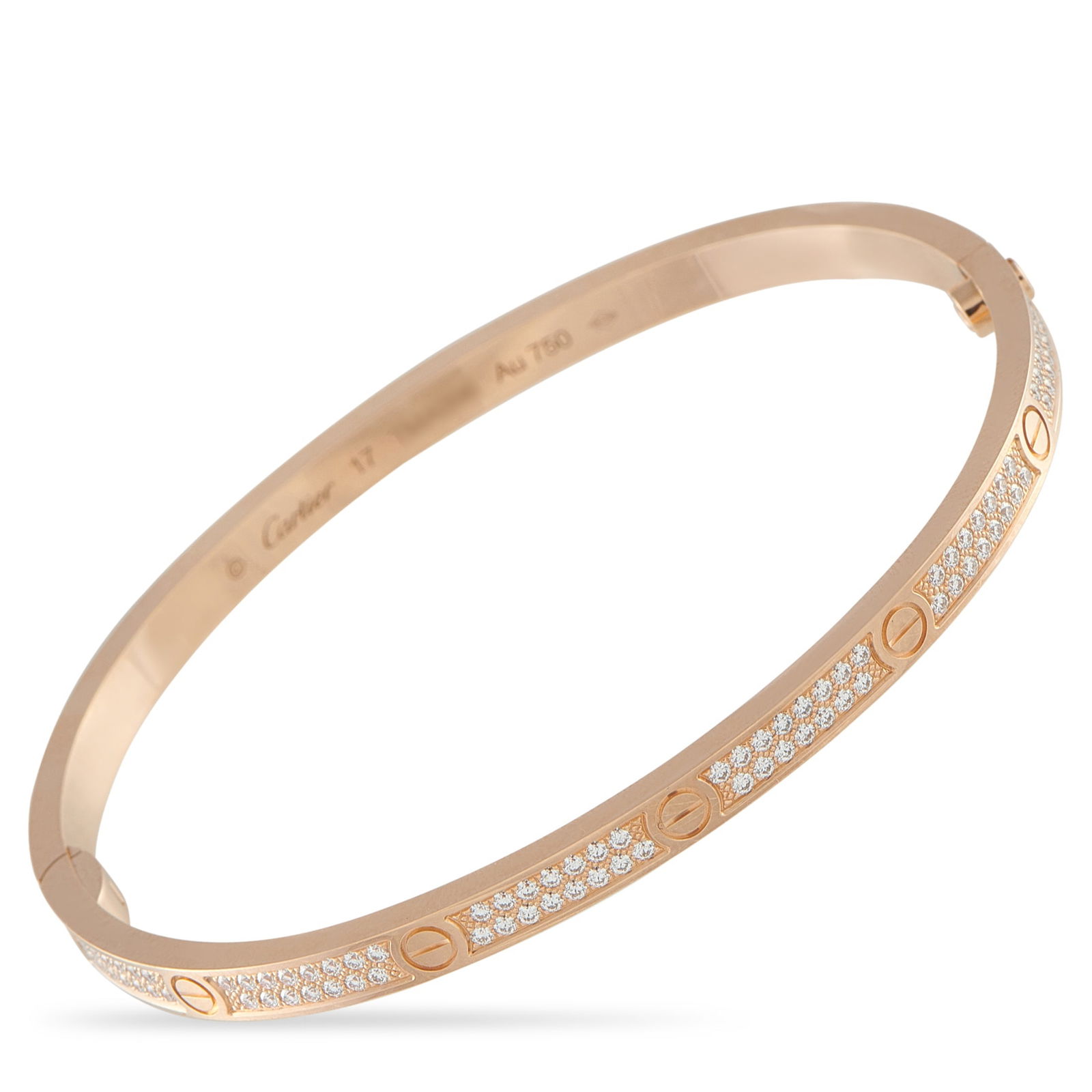 Cartier LOVE 18K Rose Gold 0.95ct Diamond Pave Small Model Bracelet: This Cartier LOVE bracelet exudes timeless elegance. Crafted from 18K Rose Gold, the minimalist design includes pave Diamonds totaling 0.95 carats and iconic screw accents. It also comes complete with