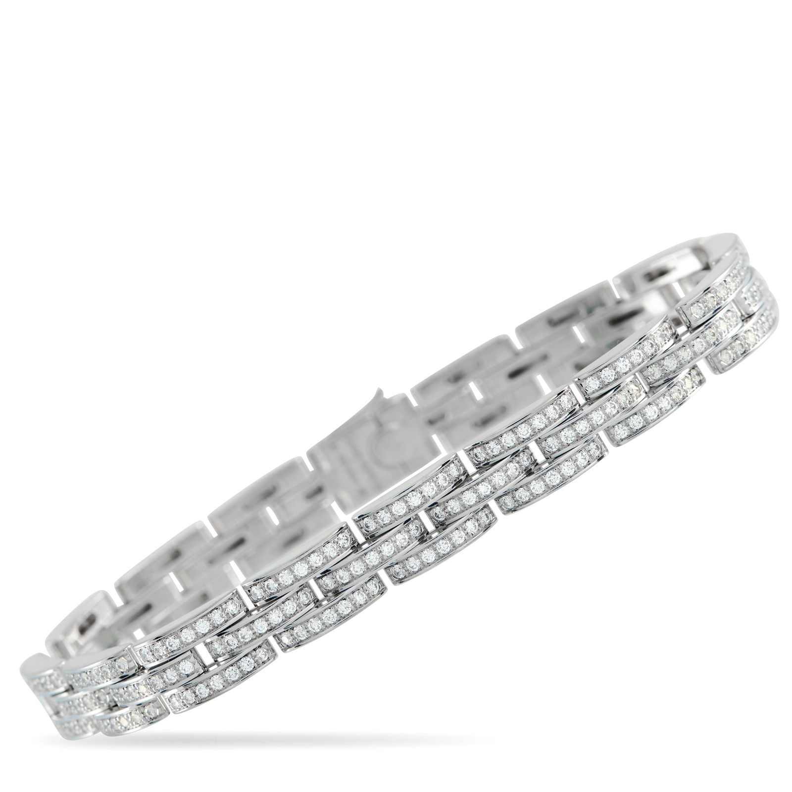 Cartier Maillon Panthere 18K White Gold Diamond Bracelet: This Cartier Maillon Panthere bracelet is designed to resemble the band found on the luxury brand’s iconic Panthere de Cartier watch. Sleek 18K White Gold links adorned with inset Diamonds come toge