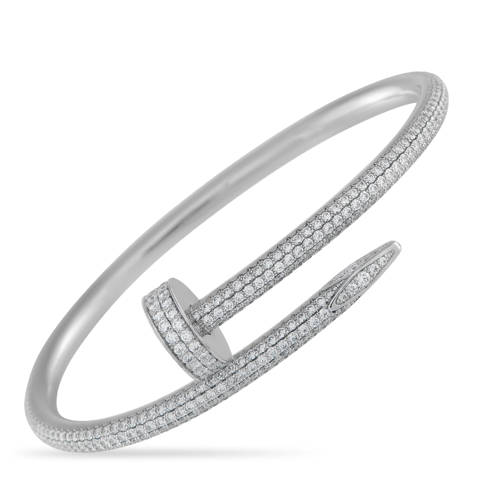 CartierJuste Un Clou Half-Paved 18K White Gold Diamond Bracelet: This Cartier Juste Un Clou Half-Paved bracelet offers an elevated take on one of the luxury brand’s most iconic designs. The simple, nail-shaped design shines to life thanks to a dazzling array of p