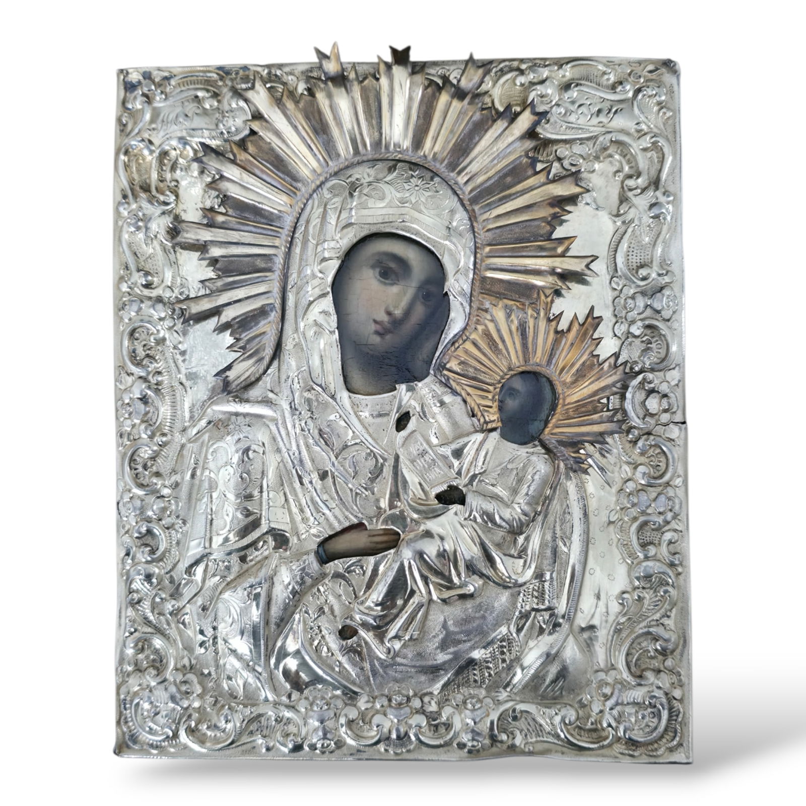 19th century Russian Antique Silver Icon of the Sooth my Sorrow Mother of God d. 1855: 19th century Russian Antique Silver Icon of the Sooth my Sorrow Mother of God d. 1855 the infant Christ reclined on his mother's lap and holding a scroll beginning with the words taken from Zechariah