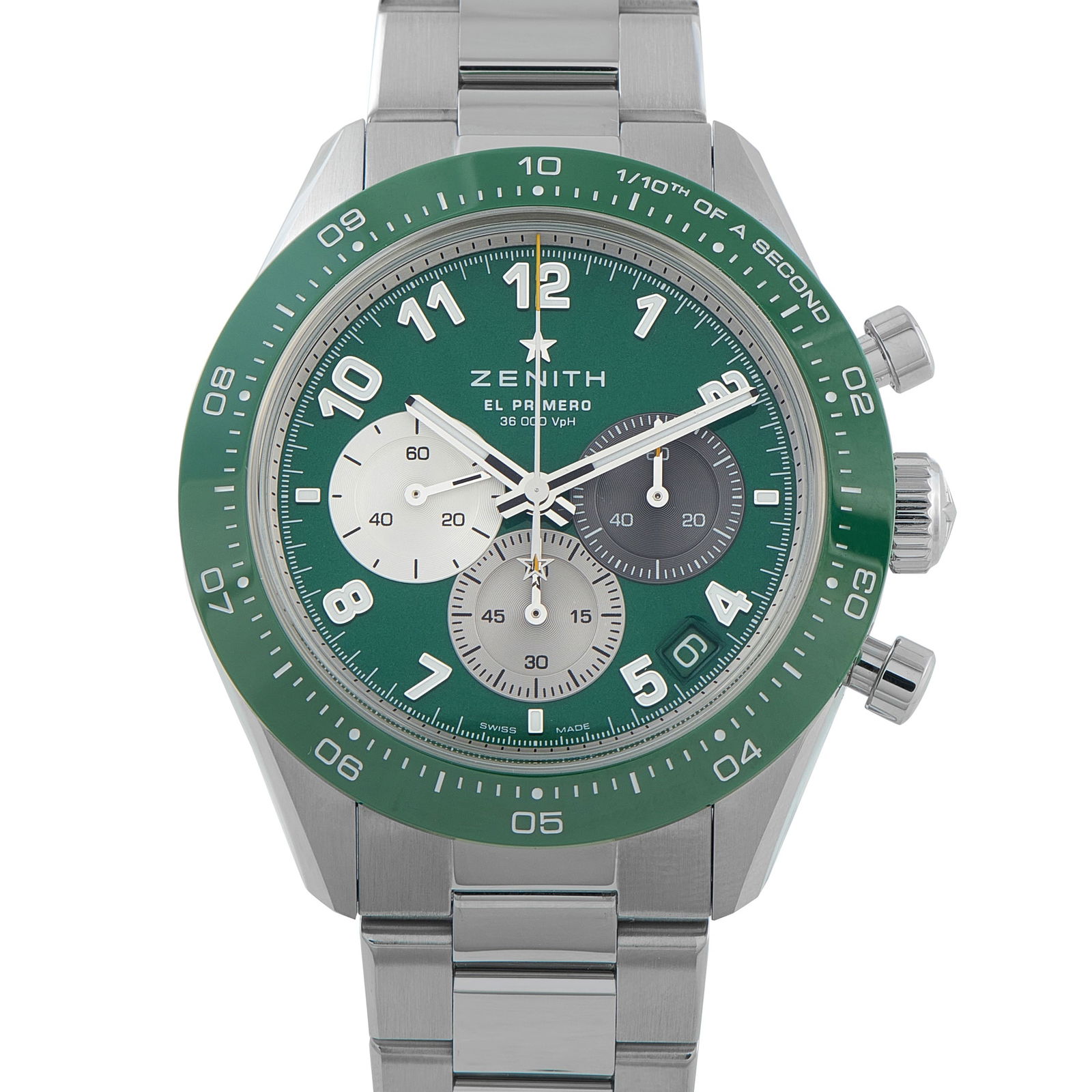 Zenith Chronomaster Sport Aaron Rodgers Limited Edition Steel Watch 03.3117.3600/56.M3100: Zenith presents the Chronomaster ref. 03.3117.3600/56.M3100 as a limited-production chronograph, distinguished by its vibrant green ceramic bezel and matching dial. Created in collaboration with NFL M