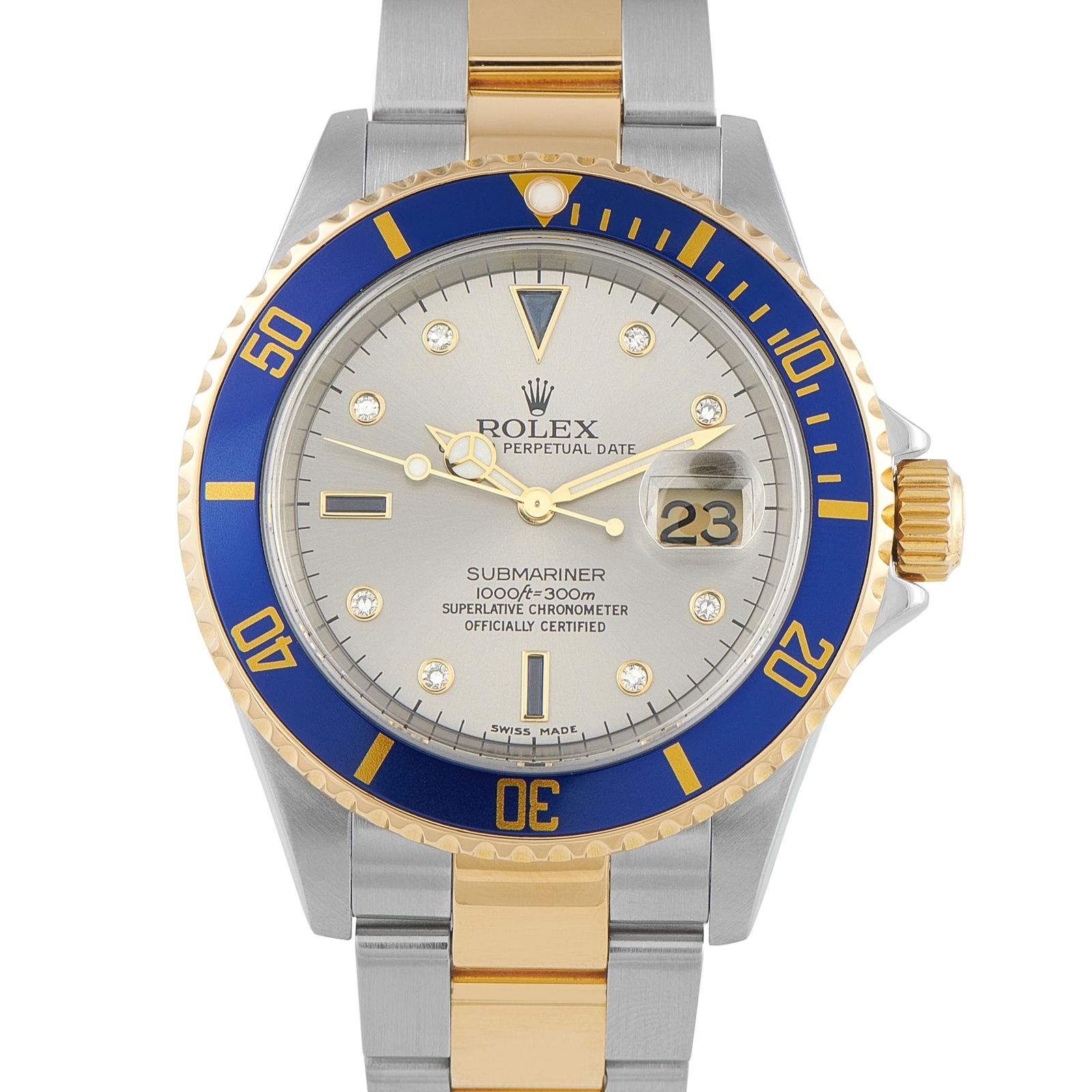 Rolex Submariner Silver Serti Dial Two-Tone Watch 16613: Produced in Oystersteel and 18K yellow gold, the Submariner ref. 16613 perfectly bridges the gap between rugged functionality and pure luxury. This beloved Rolesor model offers an unmatched wrist pres