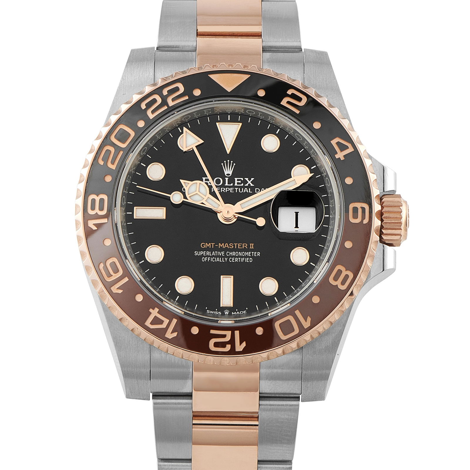 Rolex GMT-Master II Root Beer Two-Tone Oyster Watch 126711CHNR: The Rolex GMT-Master II ref. 126711, better known as the “Root Beer,” debuted in 2019, marking the first black-and-brown bezel insert from the brand. The watch has a 40mm steel Oyster case, a