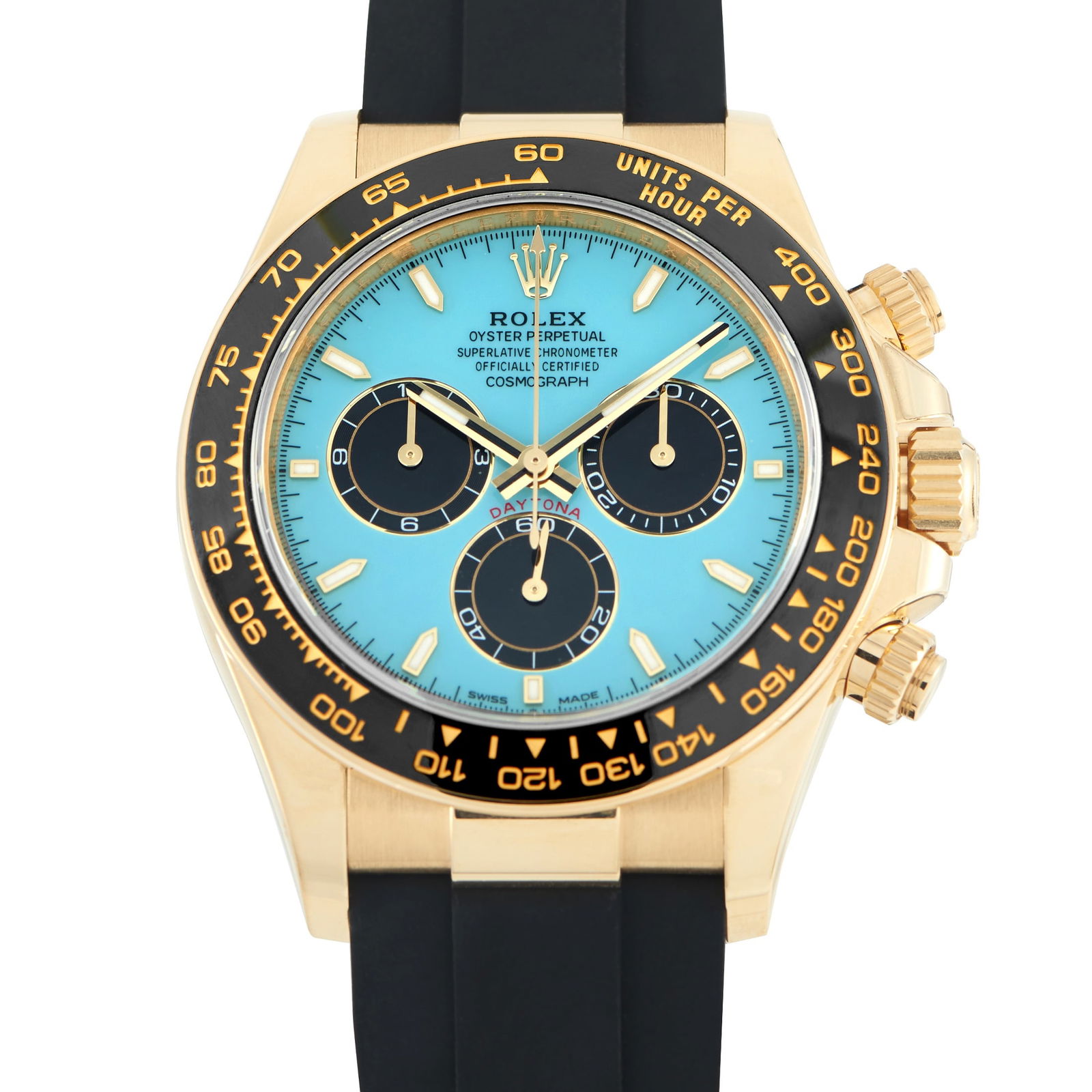 Rolex Daytona Turquoise Dial Yellow Gold Oysterflex Watch 126518: In this particular Rolex Daytona ref. 126518 variation, solid yellow gold frames a turquoise lacquer dial offset by black chronograph sub-dials. The 40mm case retains the familiar Daytona profile but