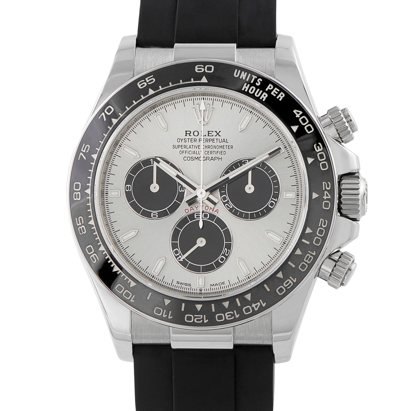 Rolex Daytona Silver Dial White Gold Oysterflex Watch 126519LN: The Rolex Cosmograph Daytona ref. 126519LN works equally well as a discreet daily piece or a refined yet casual alternative to traditional sports watches. It features an 18K white gold case with a sub