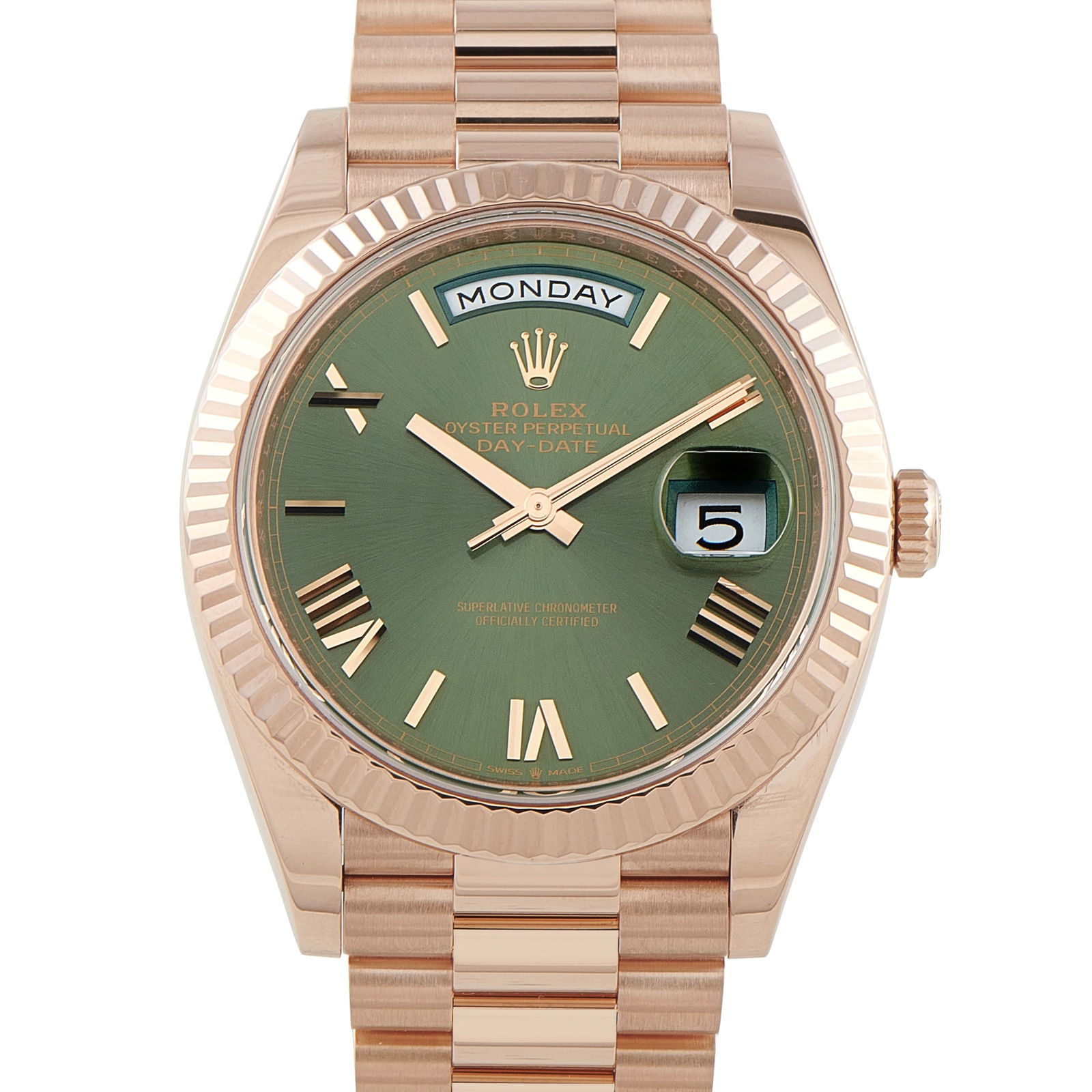 Rolex Day-Date Green Roman Dial Everose Gold President Watch 228235: Within the Day-Date line, the green dial has become one of the most sought-after modern configurations. This Rolex ref. 228235 offers an unmistakable presence with its green face framed by the warmth