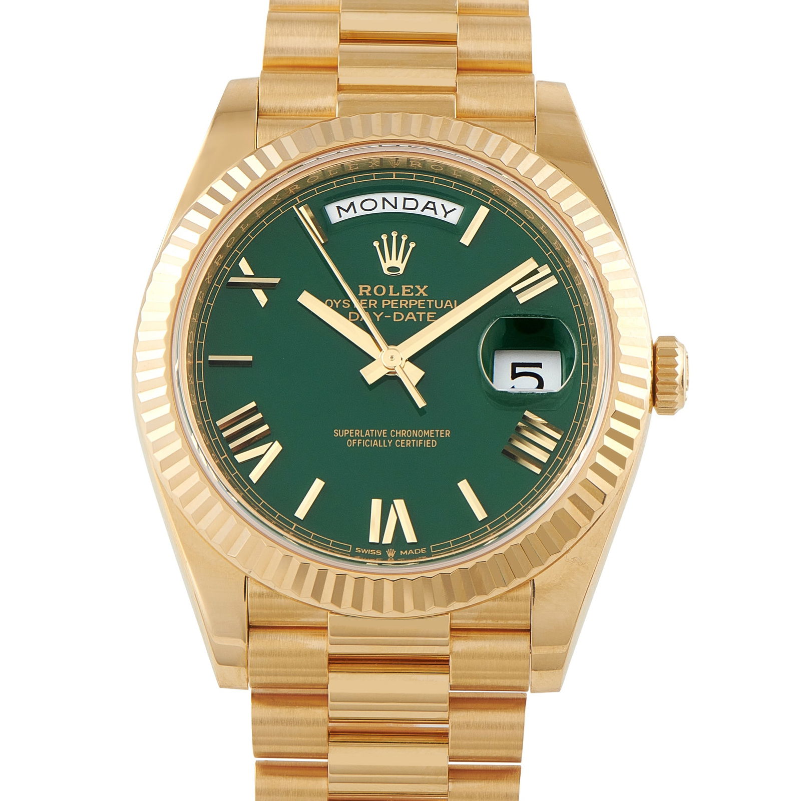 Rolex Day-Date Green Dial Yellow Gold President Watch 228238: In full 18K yellow gold, this Day-Date ref. 228238 is a true symbol of prestige. The fluted bezel and President bracelet establish its identity immediately, linking case and bracelet into a single, un