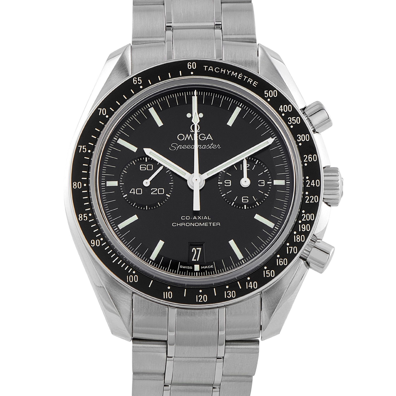 Omega Speedmaster Moonwatch Co-Axial Chronograph Steel Watch 311.30.44.51.01.002: Defined by its bi-compax dial layout, this all-steel Speedmaster keeps the design disciplined and legible. The sub-dials sit with clear separation, placing continuous seconds at 9 o’clock and a comb