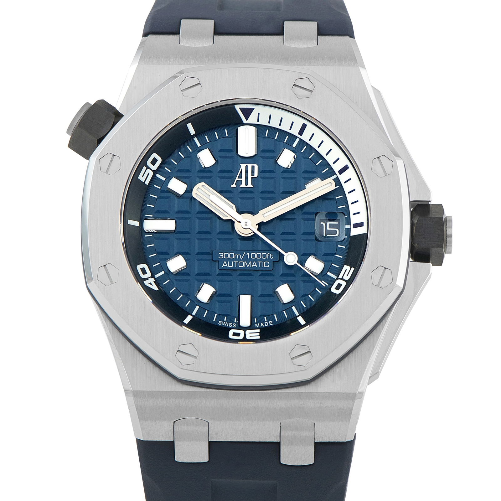 Audemars Piguet Royal Oak Offshore Diver Blue Dial Steel Watch 15720ST.OO.A027CA.01: Tough yet elegant, the blue-dialed ref. 15720ST.OO.A027CA.01 truly captures the adventurous spirit of the Royal Oak line. This Royal Oak Offshore Diver features a bold 42mm steel case with the signatu