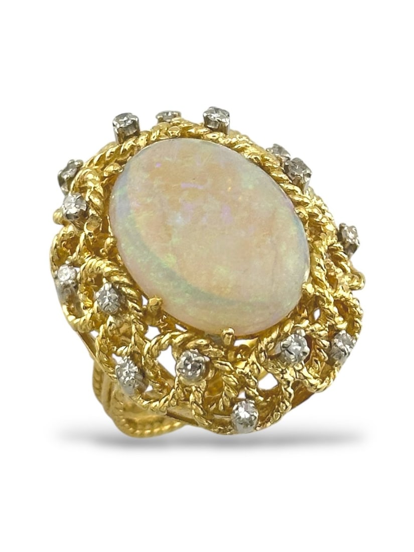 Ring - 18 kt. Yellow gold, Women's Large 18K Yellow Gold Ring with Large Opal - 0.2ct. tw. Diamond: 18K Yellow Gold Ring with Large Opal and Diamond AccentsA captivating statement piece, this luxurious 18K yellow gold ring showcases a luminous opal centerpiece, glowing with a kaleidoscope of color i