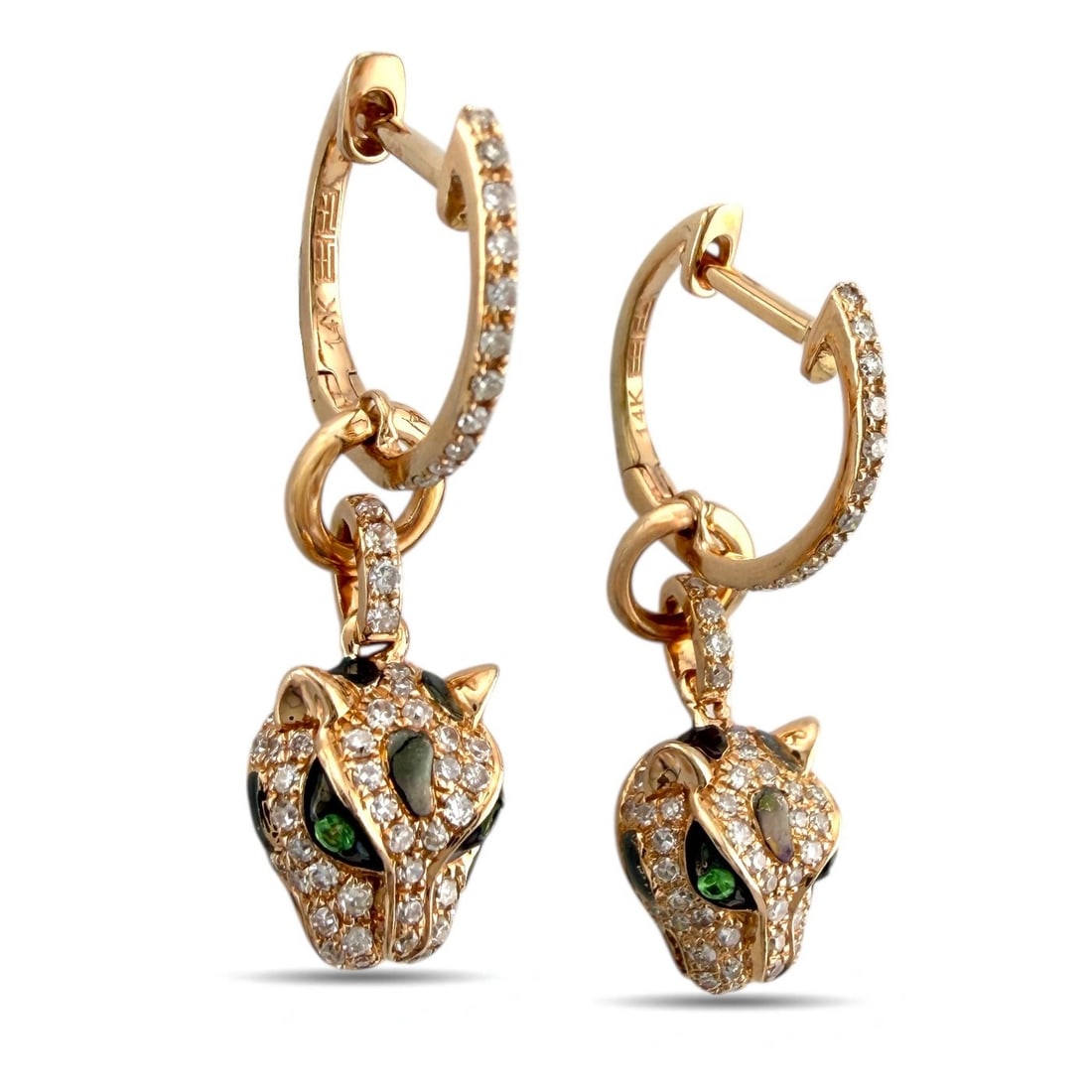 Earrings - 14 kt. Exclusive 14K Rose Gold Diamond, Emerald, and Enamel Leopard Earrings, Rose gold -: Exclusive 14K Rose Gold Diamond, Emerald, and Enamel Leopard EarringsThese sculpted leopard earrings bring elegance and character together through refined details. Crafted in warm 14K rose gold, each