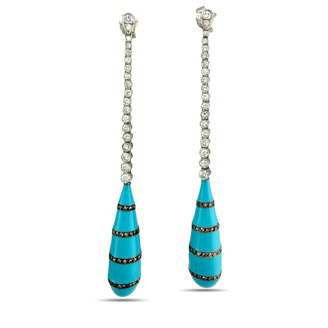 Earrings - 14 kt. White gold, Exclusive 14K White Gold 1.76ct Diamond and Turquoise Dangle Earrings: Exclusive 14K White Gold 1.76ct Diamond and Turquoise Dangle EarringsThese dramatic dangle earrings by Judith Leiber are crafted in 14K white gold and feature an intricate layered design of turquoise