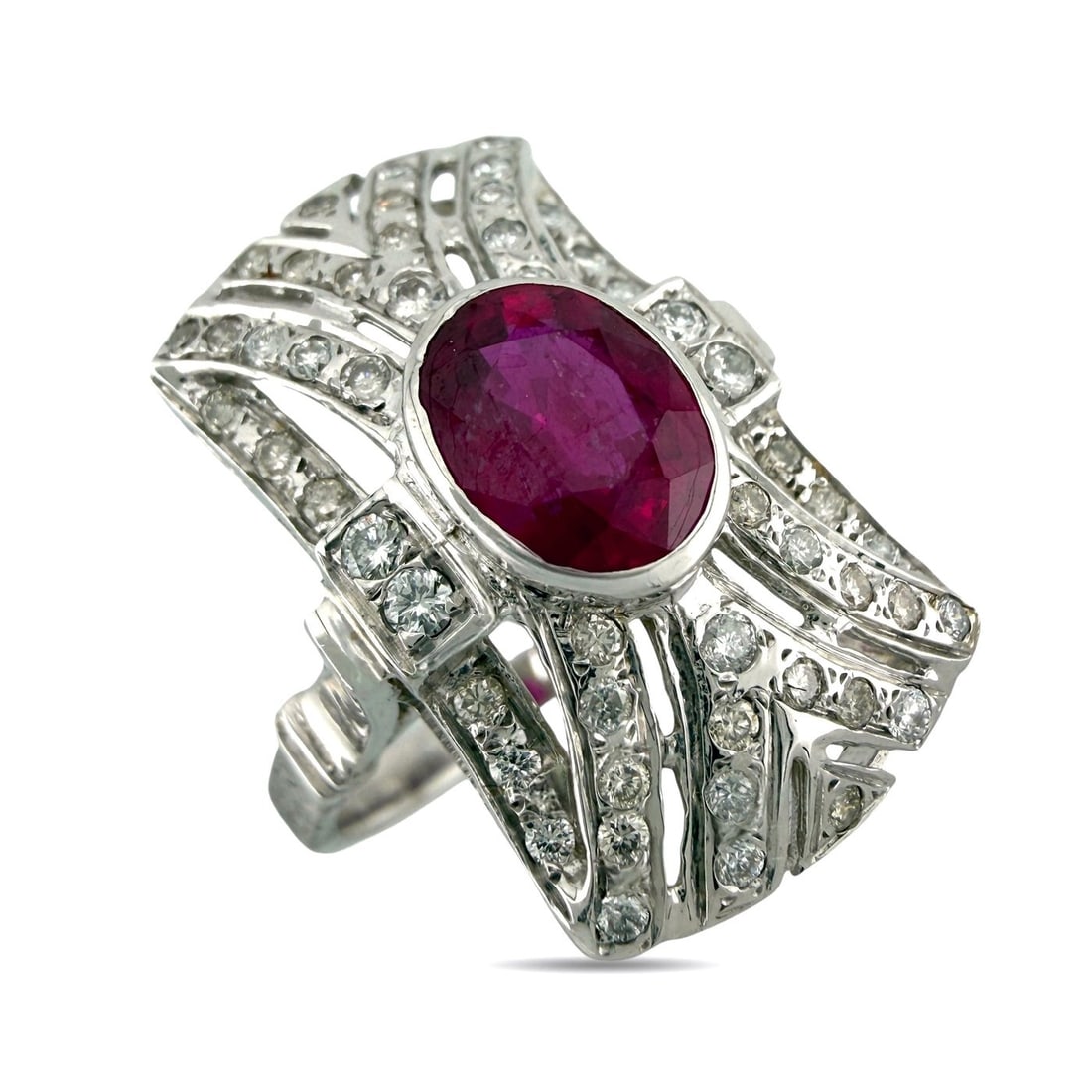 Ring - 14 kt. Exclusive 14K White Gold 1.50ct Ruby & 0.52ct Diamond Ring, White gold Diamond: Exclusive 14K White Gold Oval 1.50ct Ruby & 0.52ct Diamond RingThis elegant ring is designed around a richly colored oval ruby, set prominently at the center and framed by a finely articulated diamond