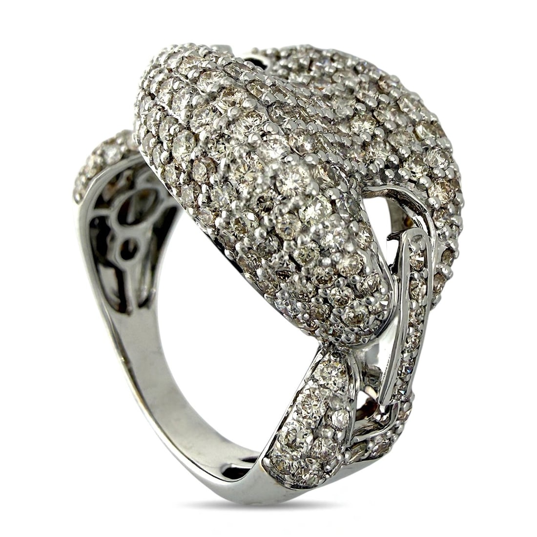 Ring - 14 kt. Yellow gold, Exclusive 14K White Gold Sculptural 4.23ct Diamond Cocktail Ring -: Exclusive 14K White Gold Sculptural 4.23ct Diamond Cocktail RingThis striking cocktail ring is crafted in solid 14 karat white gold and showcases an intricate sculptural design entirely paved with dia