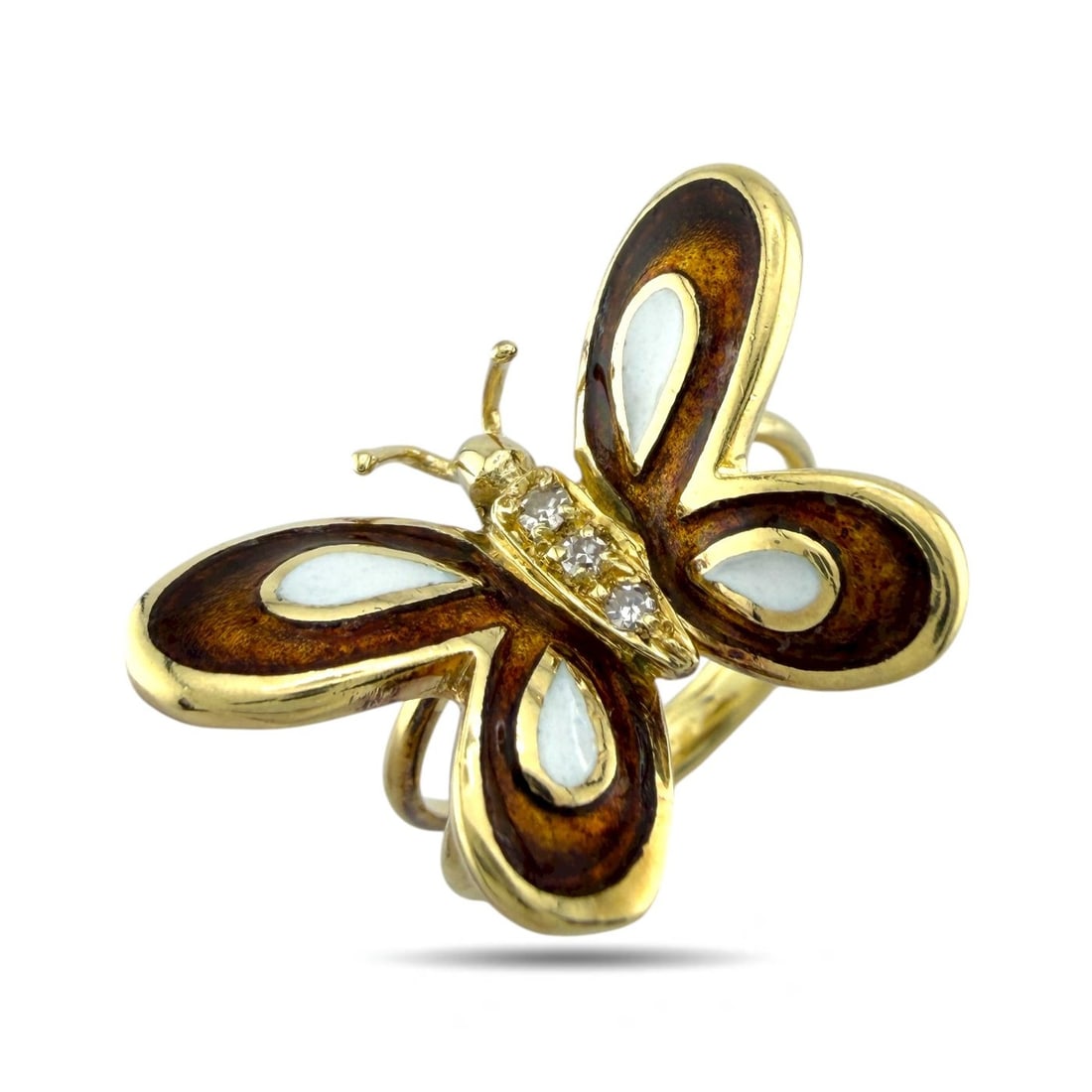 Ring - 14 kt. Yellow gold, Exclusive 14K Yellow Gold Butterfly Enamel and Diamond Ring - 0.03ct.: Exclusive 14K Yellow Gold Butterfly Enamel and Diamond RingA whimsical 14K yellow gold ring featuring a delicately crafted butterfly adorned with brown and white enamel. Accented with a small sparklin