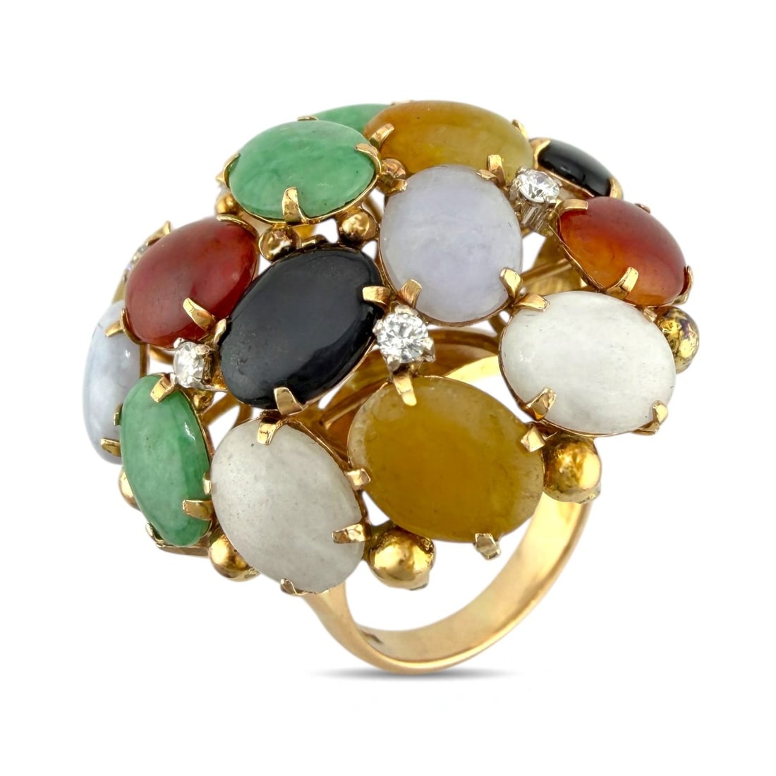 Ring - 14 kt. Yellow gold, Exclusive 14K Yellow Gold Multigem and 0.10ct Diamond Cocktail Ring: Exclusive 14K Yellow Gold Multigem and 0.10ct Diamond Cocktail RingThis distinctive cocktail ring is crafted in 14K yellow gold and features a circular arrangement of oval-cut gemstones, including jad