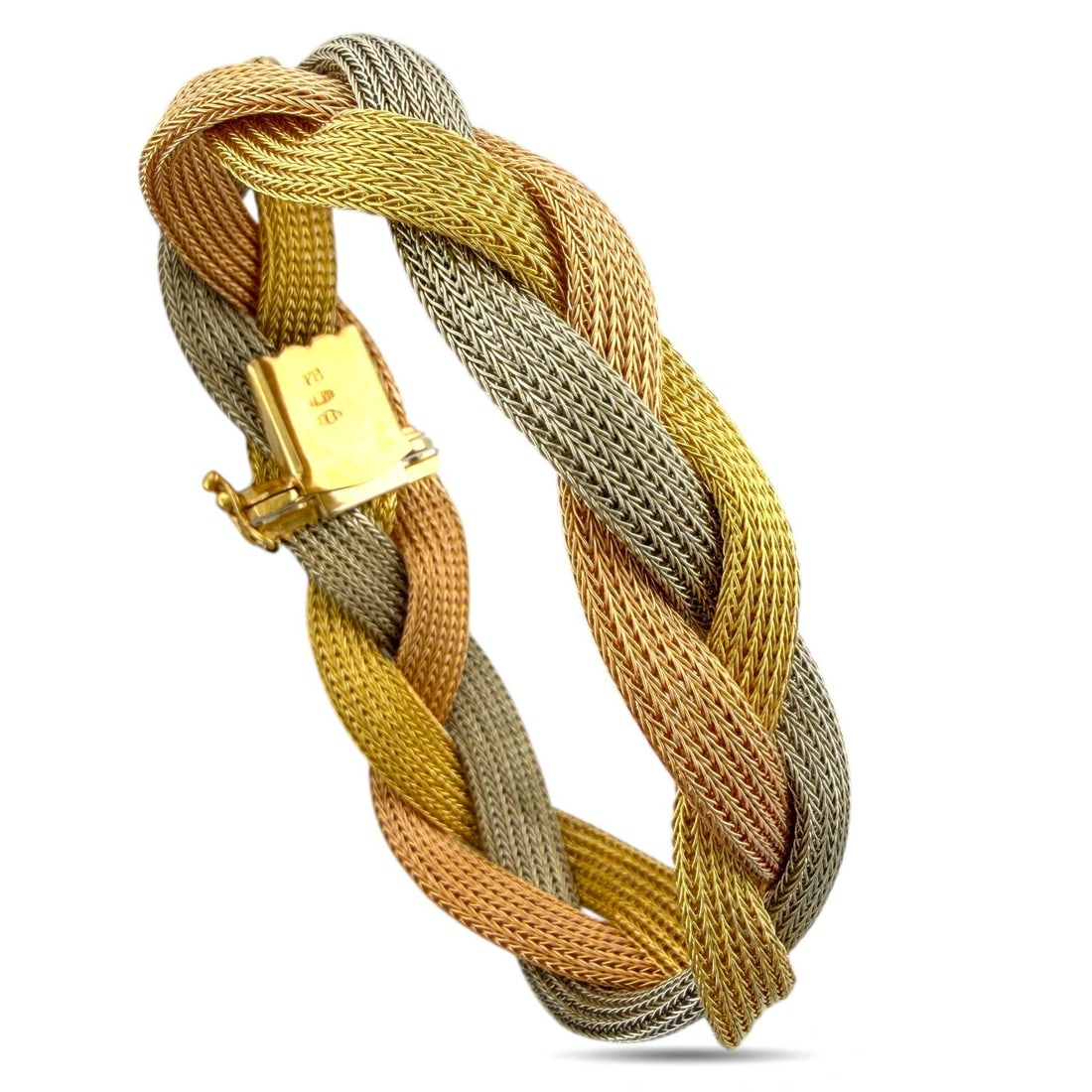 Bracelet - 18 kt. Yellow gold, Exclusive 18K Tri-Color Gold Woven Bracelet: Exclusive 18K Tri-Color Gold Woven BraceletA beautifully crafted tri-color bracelet featuring an interwoven design in yellow, white, and rose gold. The tightly woven links create a luxurious texture w