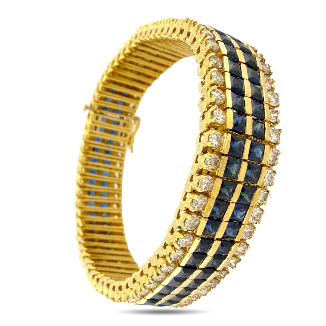 Bracelet - 18 kt. Yellow gold, Exclusive 18K Yellow Gold 13.2ct Sapphire and 7.20ct Diamond Bracelet: Exclusive 18K Yellow Gold 13.2ct Sapphire and 7.20ct Diamond BraceletThis bracelet presents a refined sequence of polished gold links, each set with a matched pair of sapphires and diamonds that creat